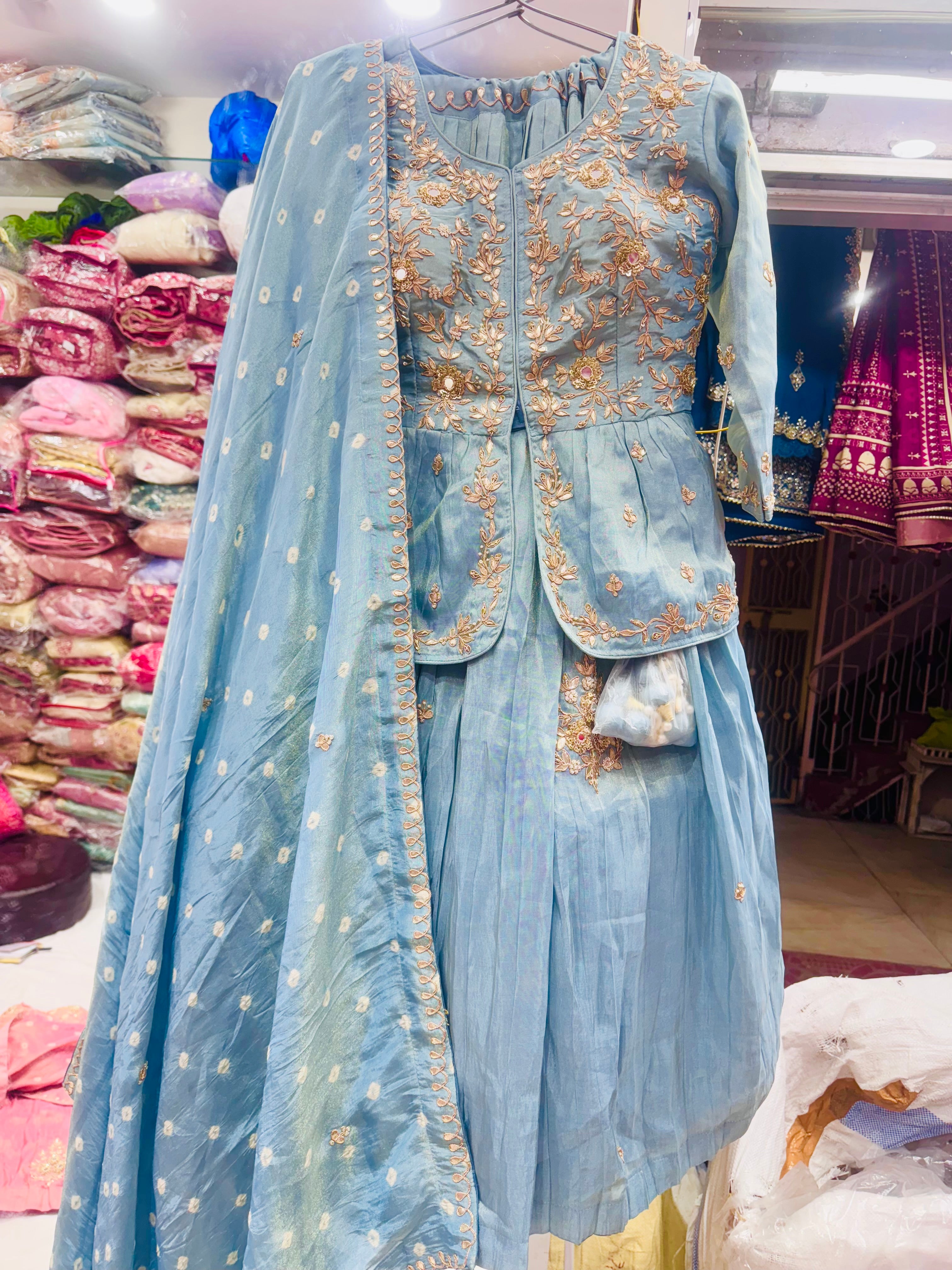 Pure tissue zardosi marodi mirror work lehnga with heavy paplum style stitched blouse and Bandhej dupatta