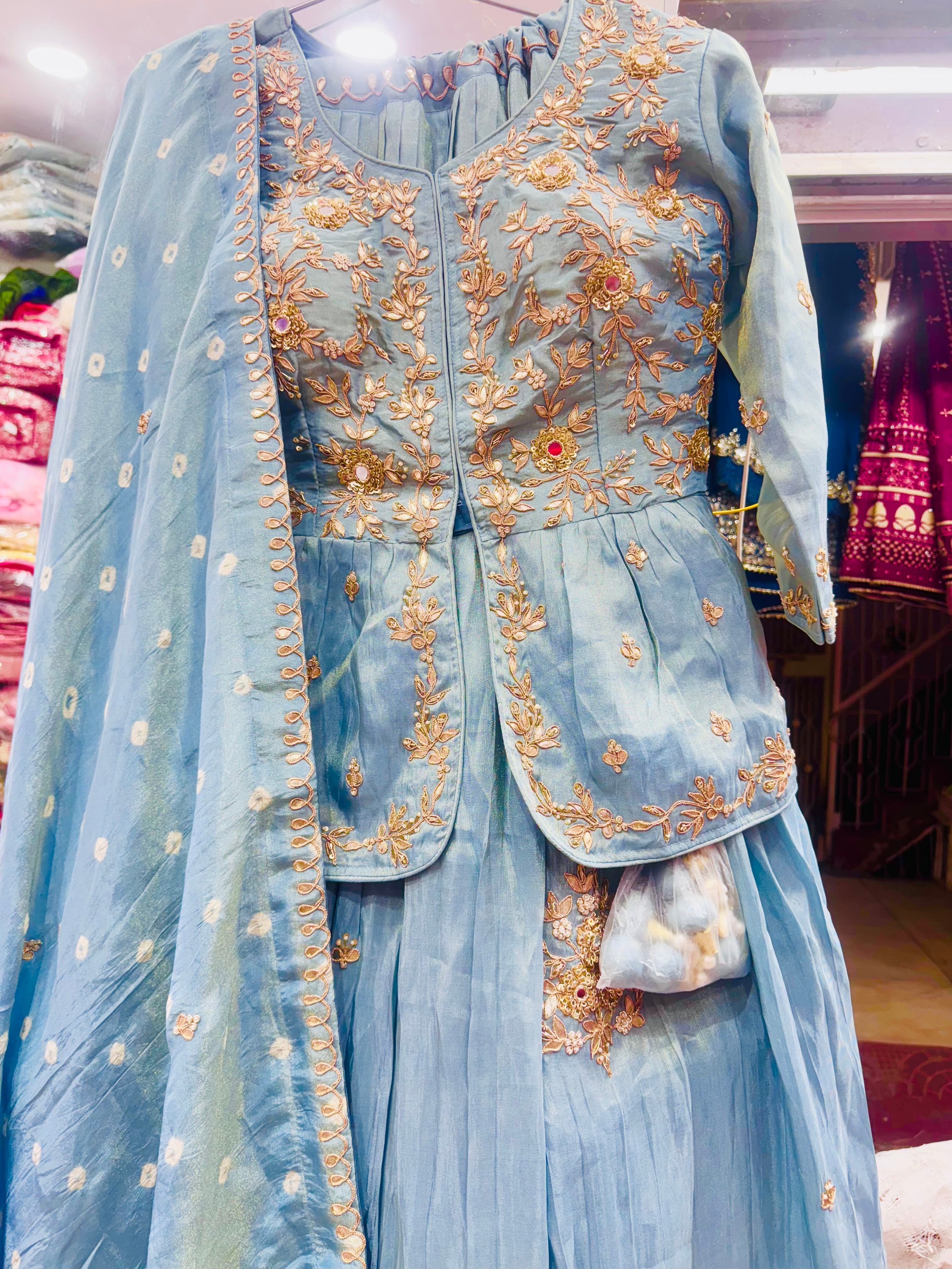 Pure tissue zardosi marodi mirror work lehnga with heavy paplum style stitched blouse and Bandhej dupatta