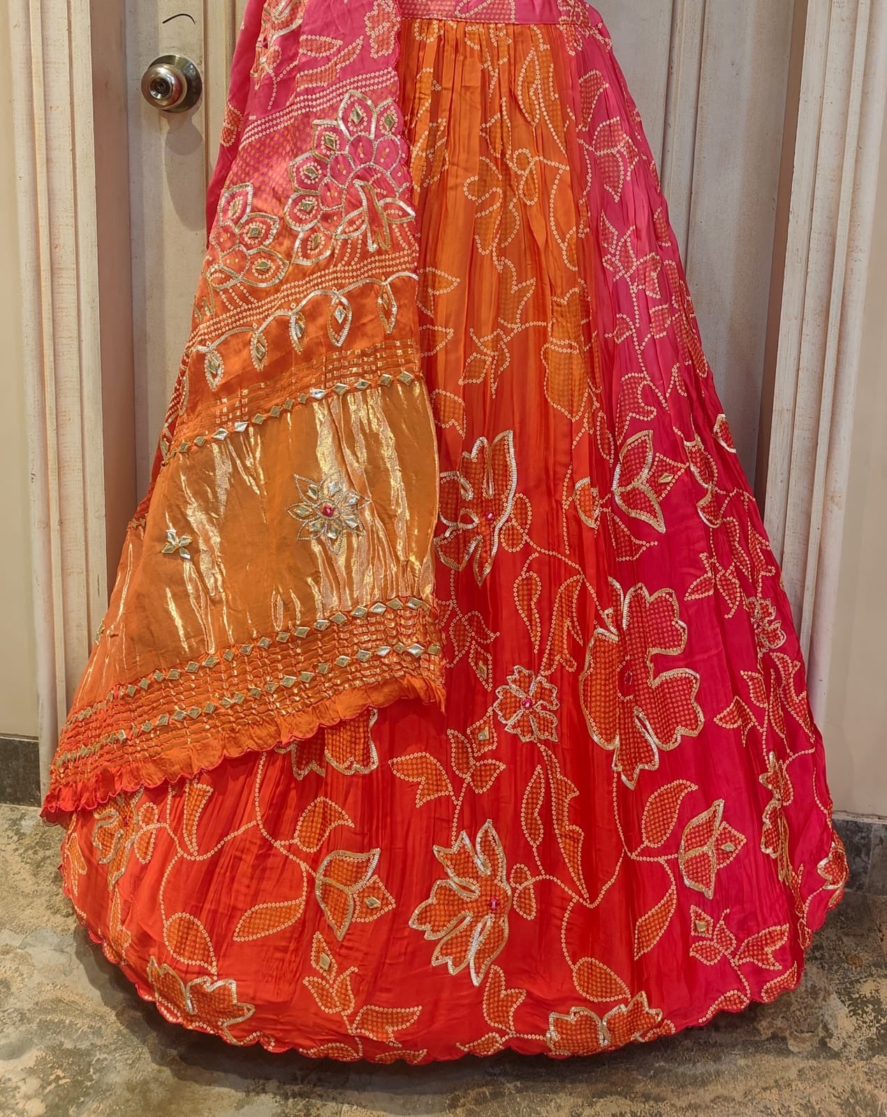 Gajji fabric bandhej tableprint lehnga with kachipatti work