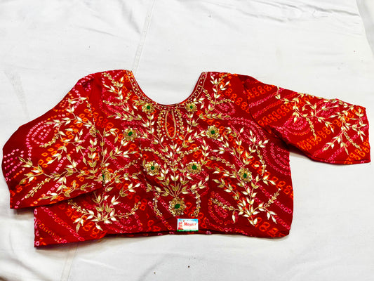 Pure Ojariya hand Bhandhej blouse stitched