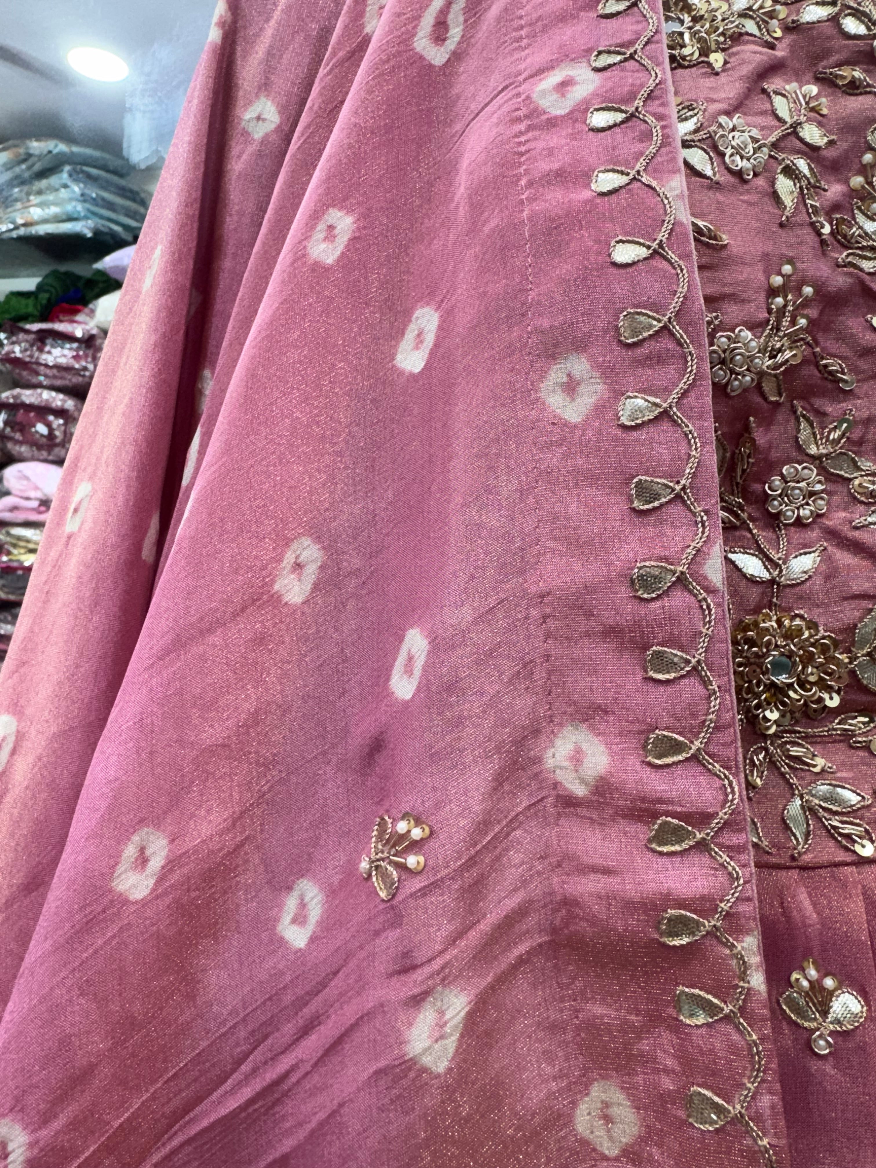 Pure tissue zardosi marodi mirror work lehnga with heavy paplum style stitched blouse and Bandhej dupatta