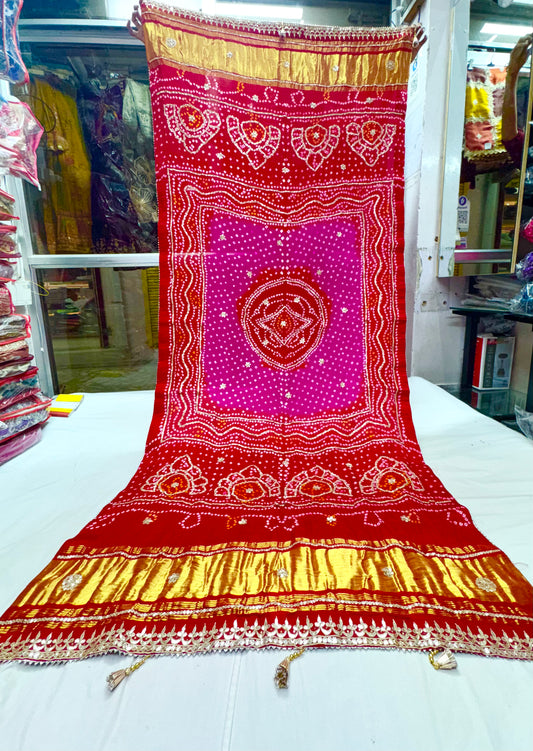 Red rani pure Gajji silk hand bandhej dupatta with handwork