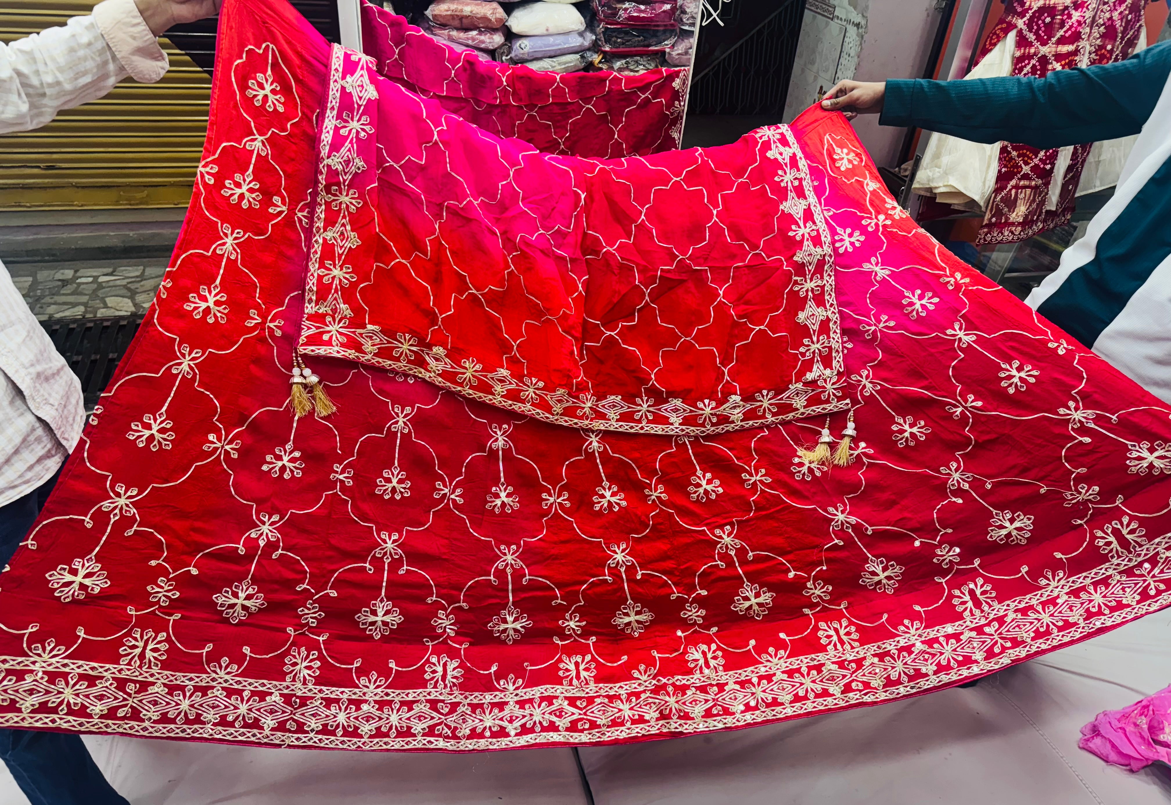 MultiColor box dyed Rajwadi lehnga with kachhi gota handwork on pure Upada silk and HO silk dupatta