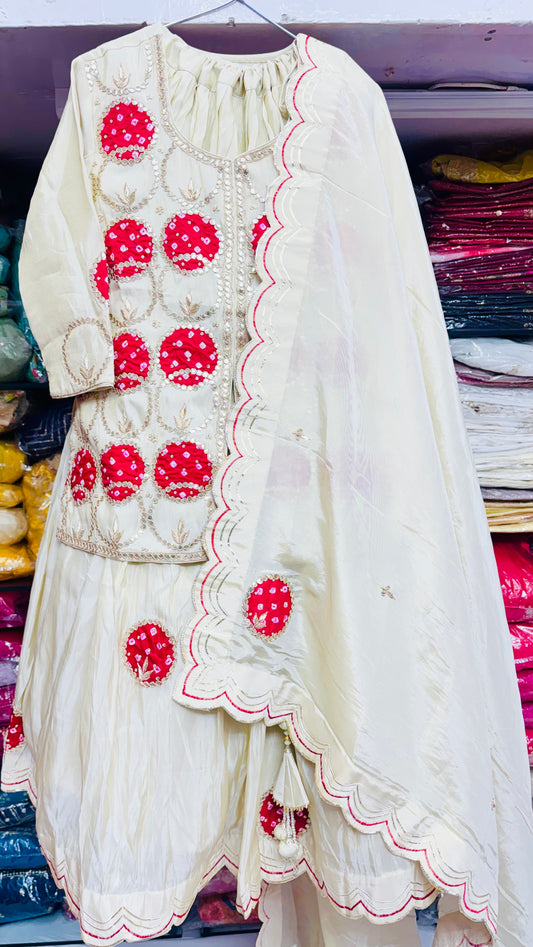 Kanjivaram Tissue silk lehnga with marodi and zardosi work having bandhej pure gajji patches