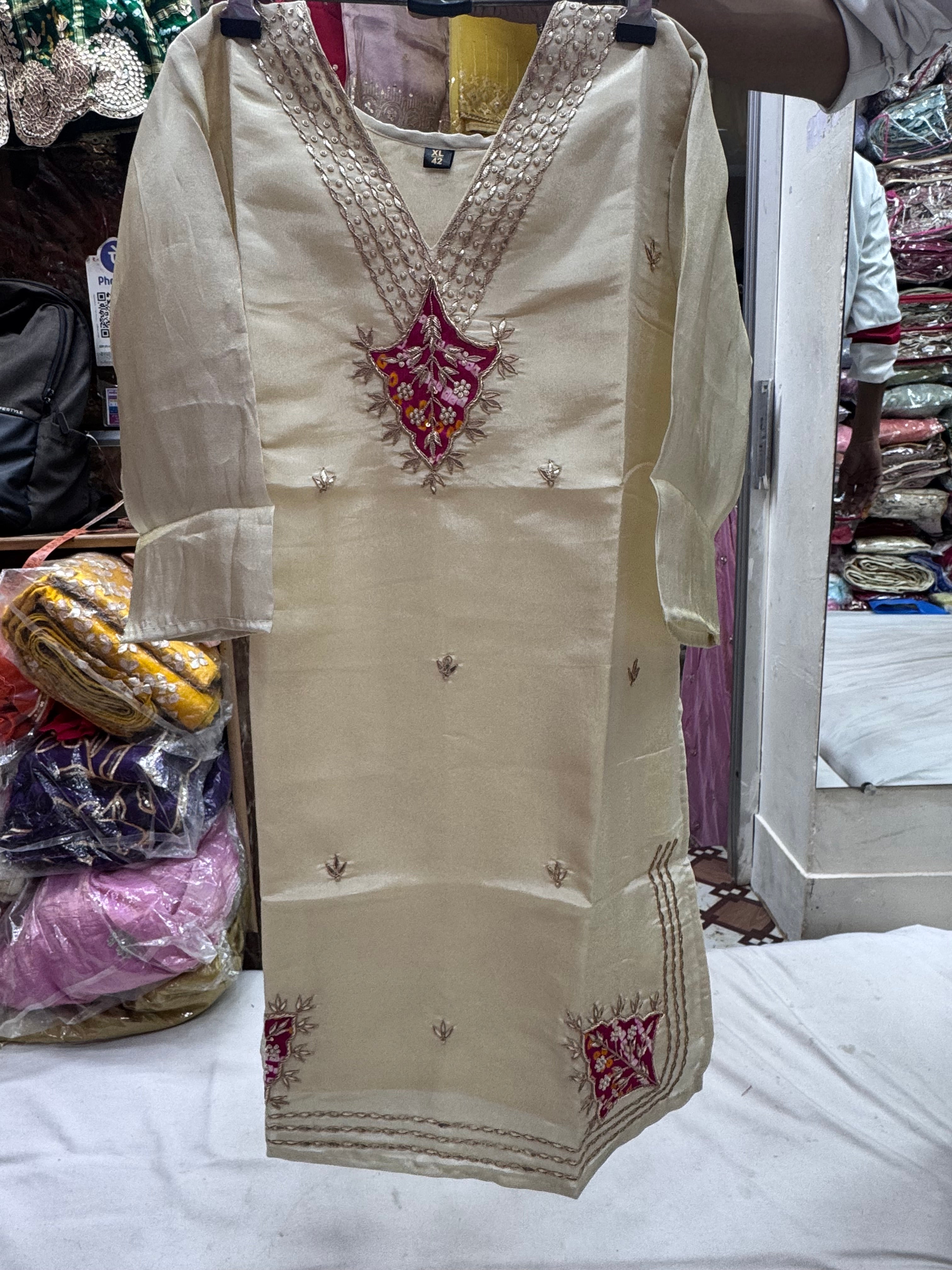 Pure tissue Kurtis with gajji patch work