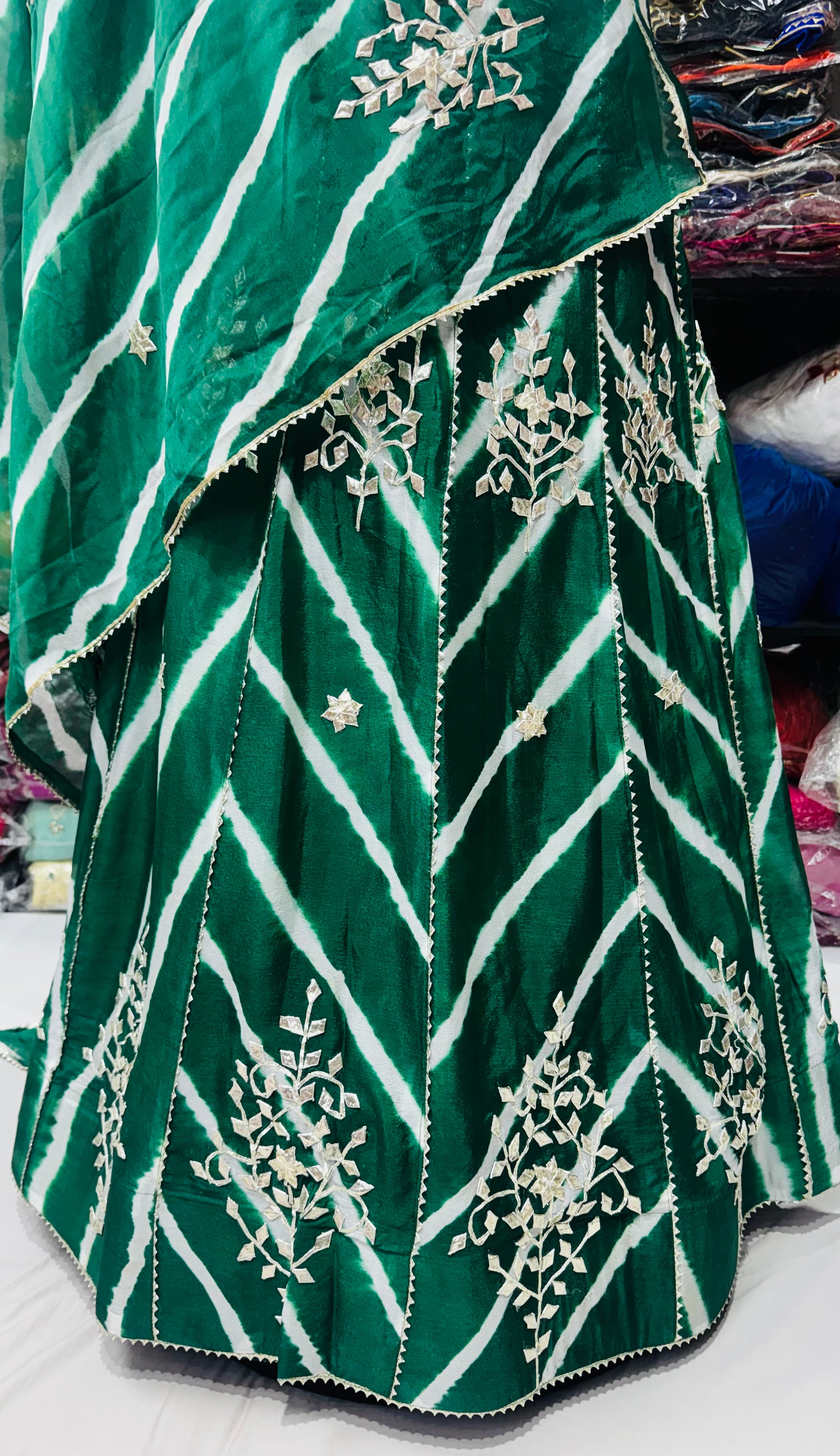 Lehriya lehngas with sikhiya gota work on chinon fabric