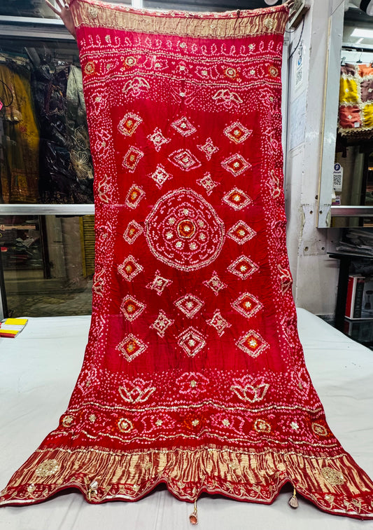 Red pure Gajji silk hand bandhej dupatta with handwork