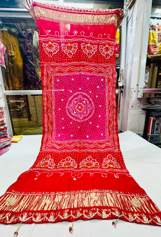 Red rani pure Gajji silk hand bandhej dupatta with handwork