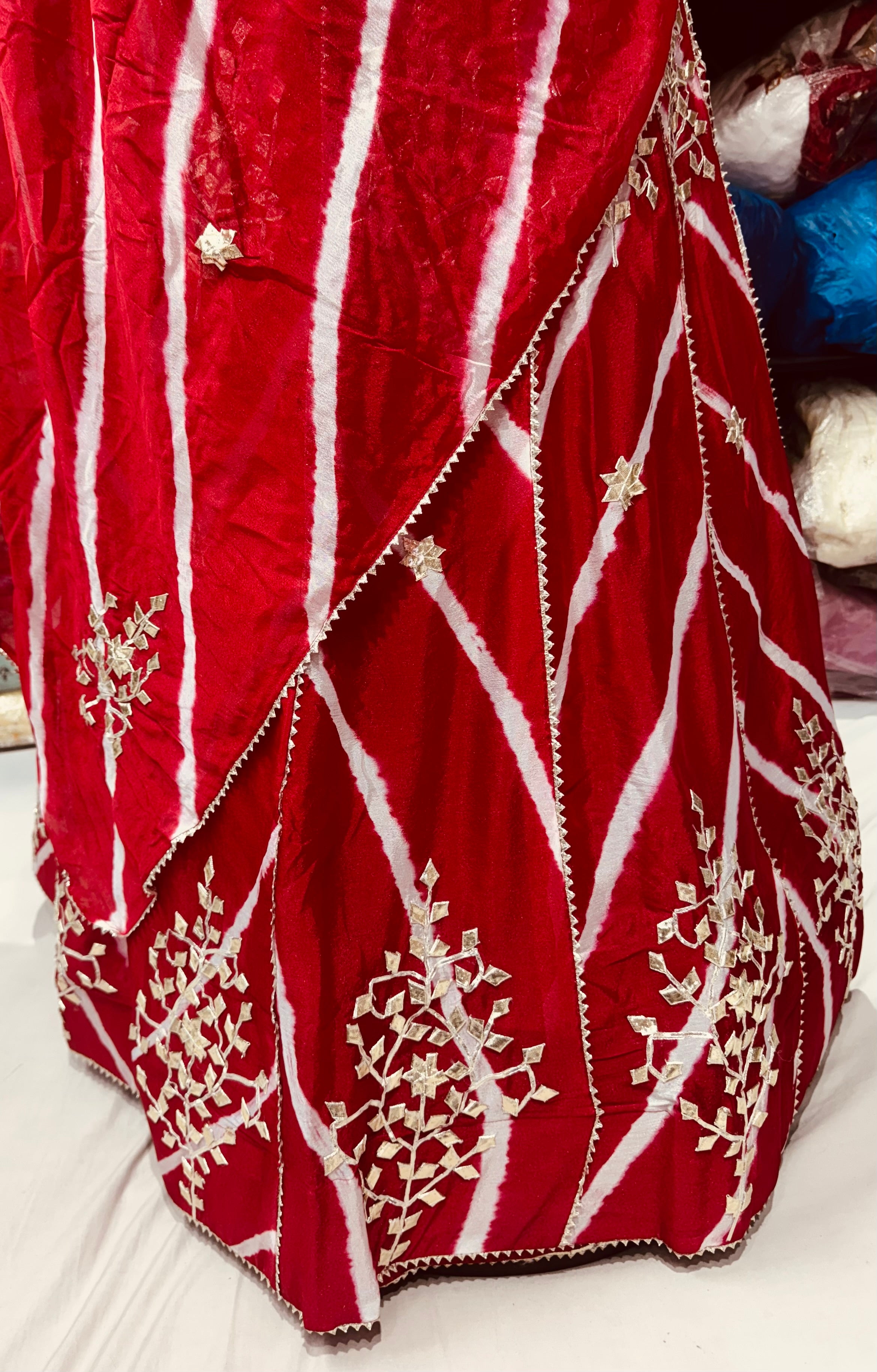 Lehriya lehngas with sikhiya gota work on chinon fabric