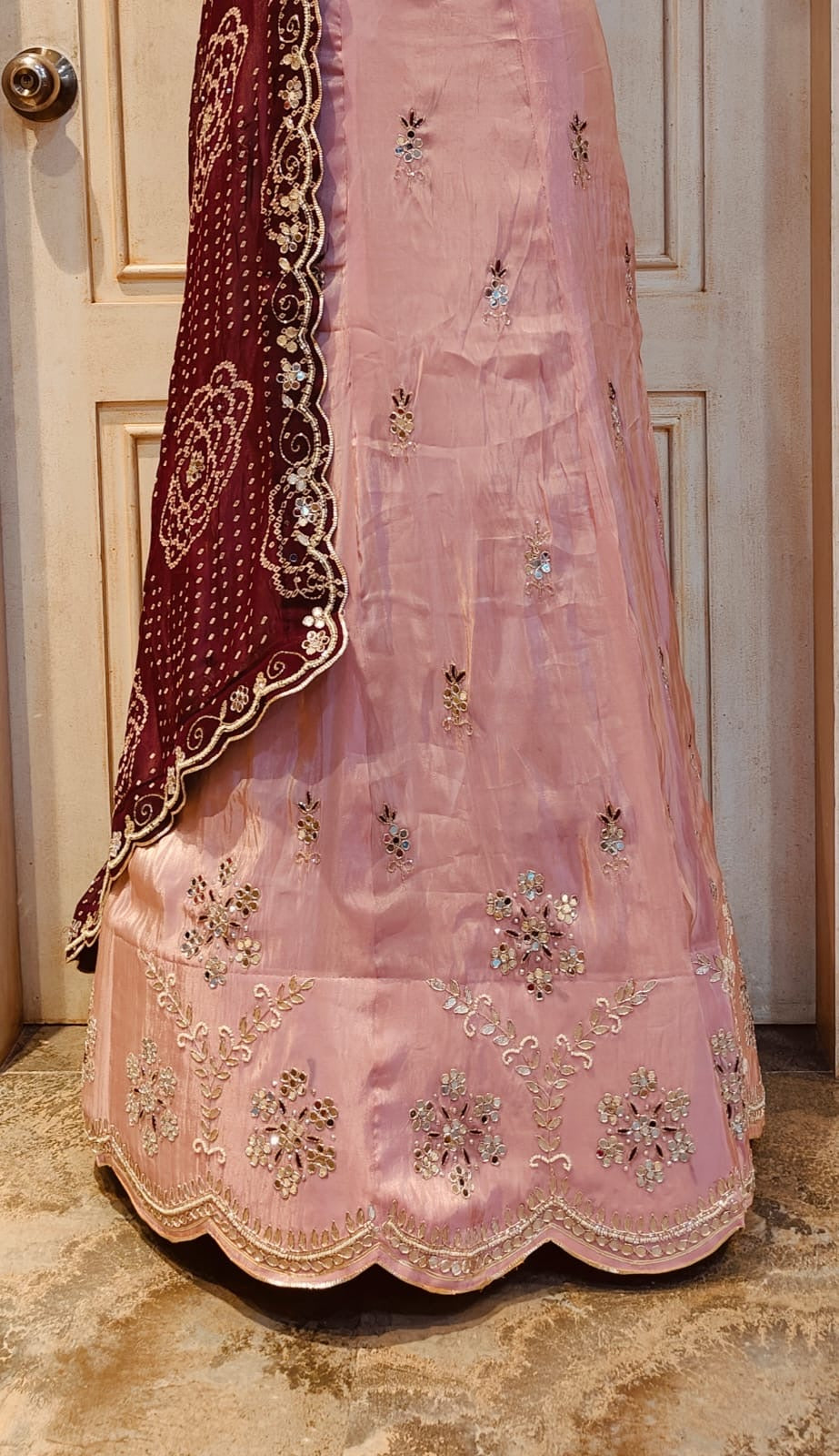 COSMO TISSUE FABRIC LEHNGA WITH BHANDHEJ CONCEPT