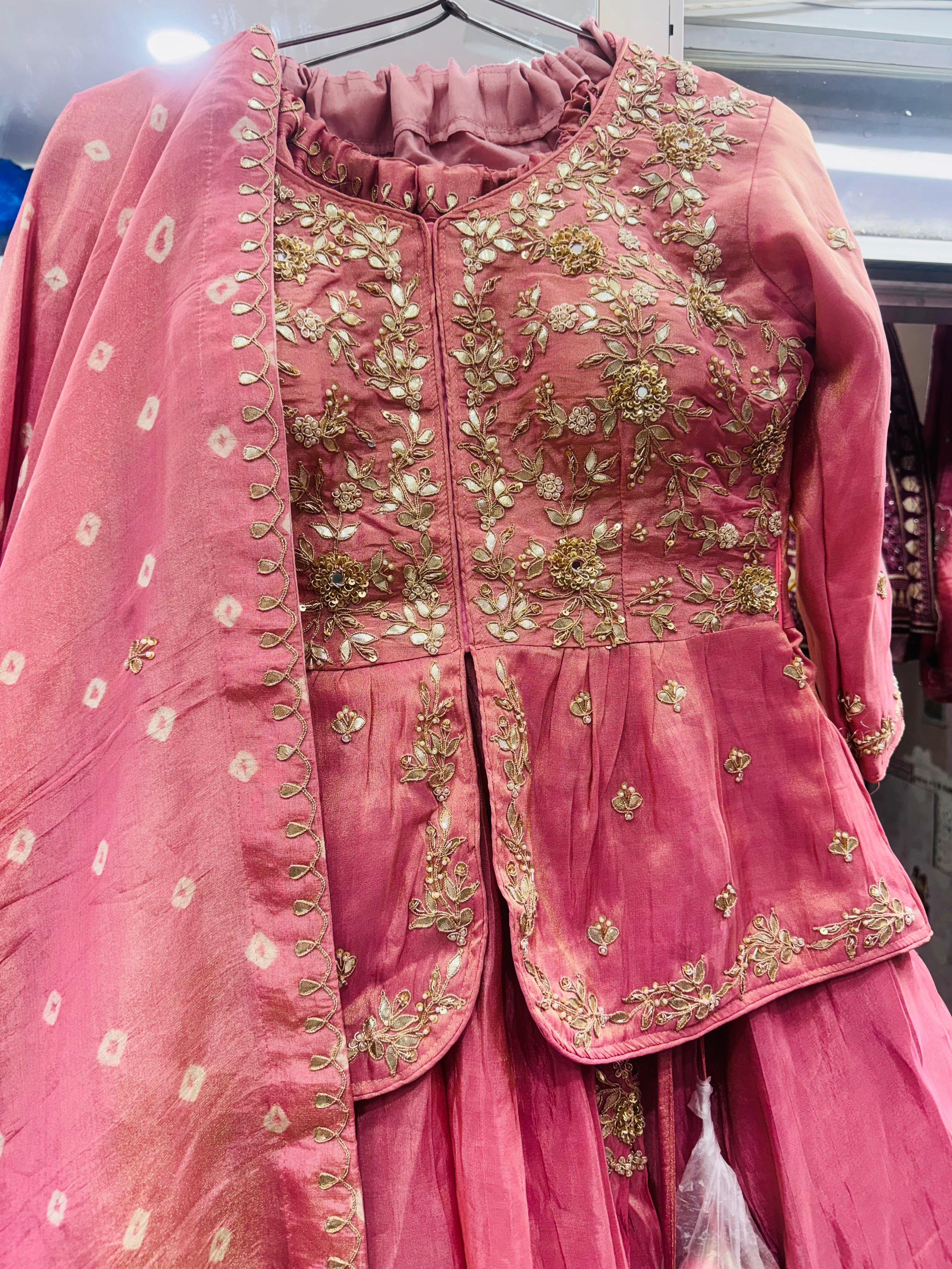Pure tissue zardosi marodi mirror work lehnga with heavy paplum style stitched blouse and Bandhej dupatta