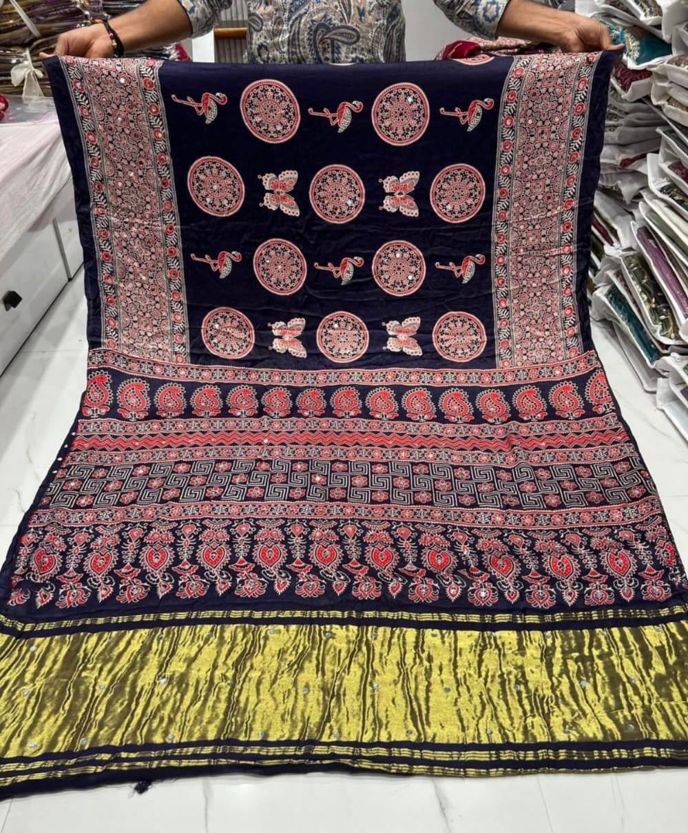 Ajrakh sarees with mirror pasting
