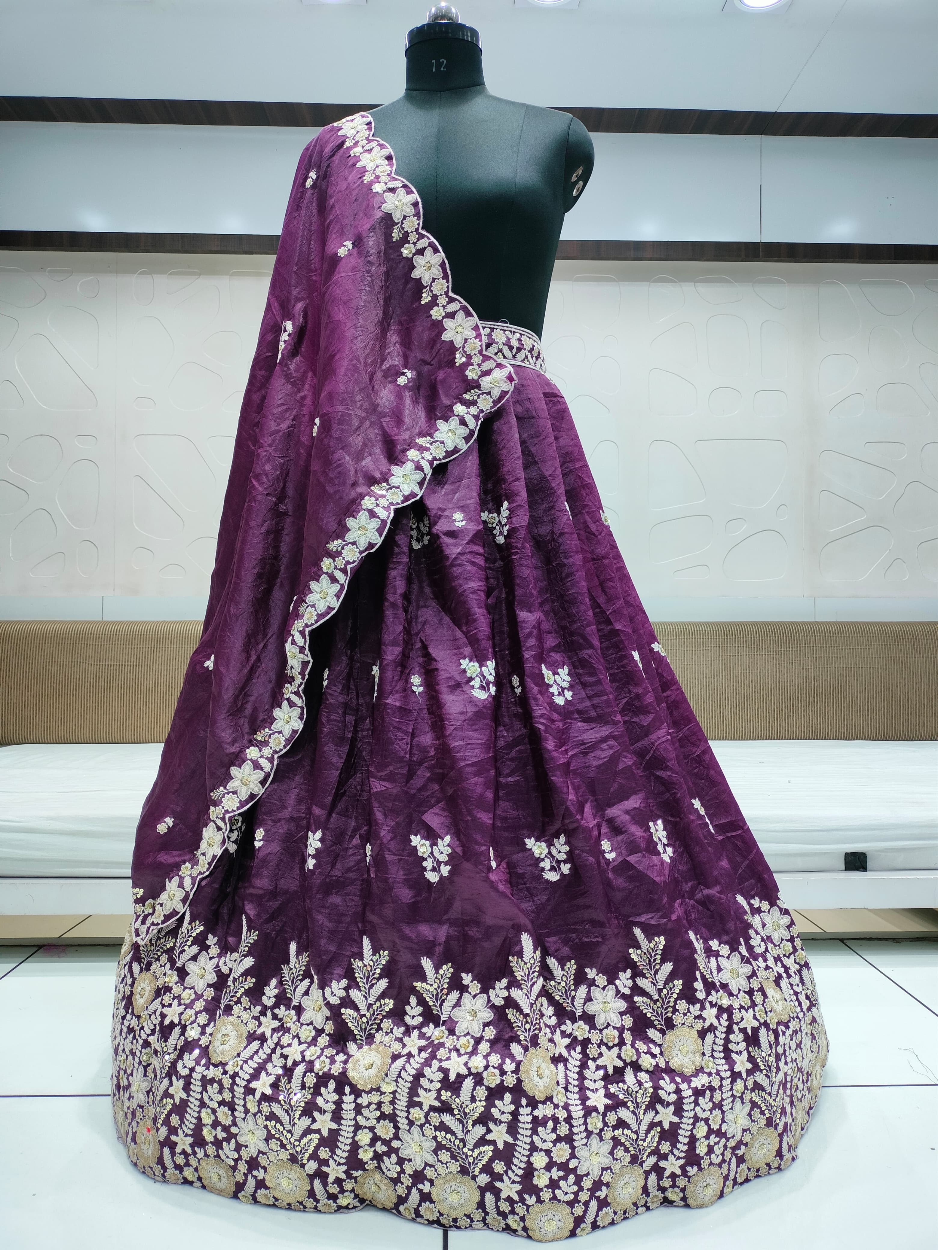 Crush gold fabric lehnga with beautiful embroidery and sequins work & cutwork dupatta