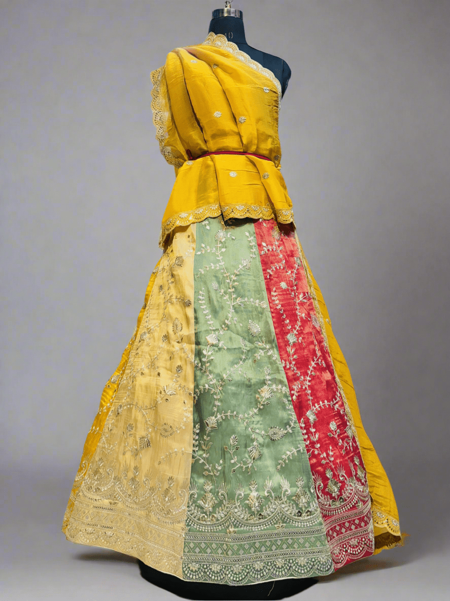 Multi colored Pitta work lehnga on tissue fabric