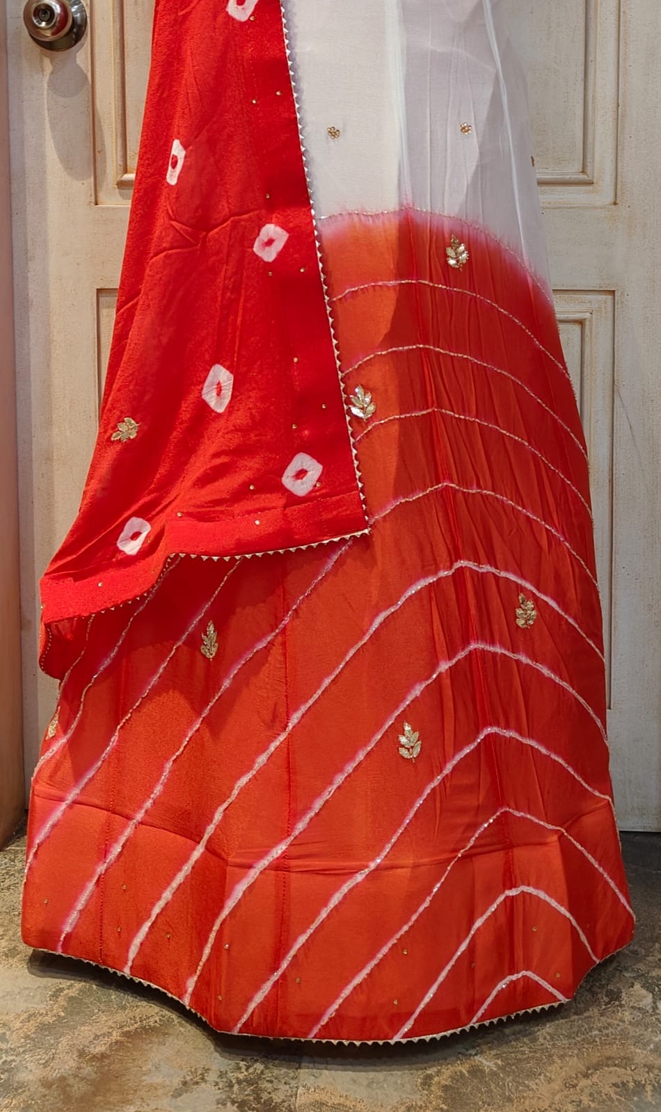 Chinon fabric handwork lehnga having bandhej lehriya