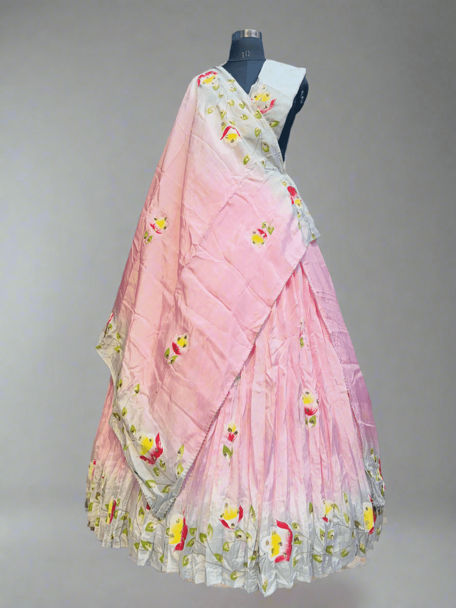 Pink grey floral handpainted lehnga in pure upada silk fabric
