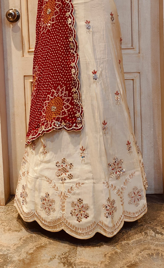 COSMO TISSUE FABRIC LEHNGA WITH BHANDHEJ CONCEPT