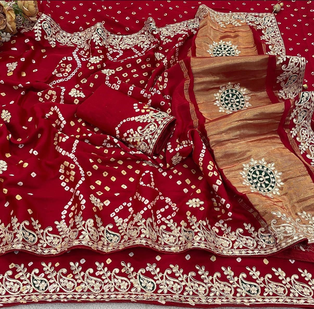 Handbandhej gajji modal saree with gotawork