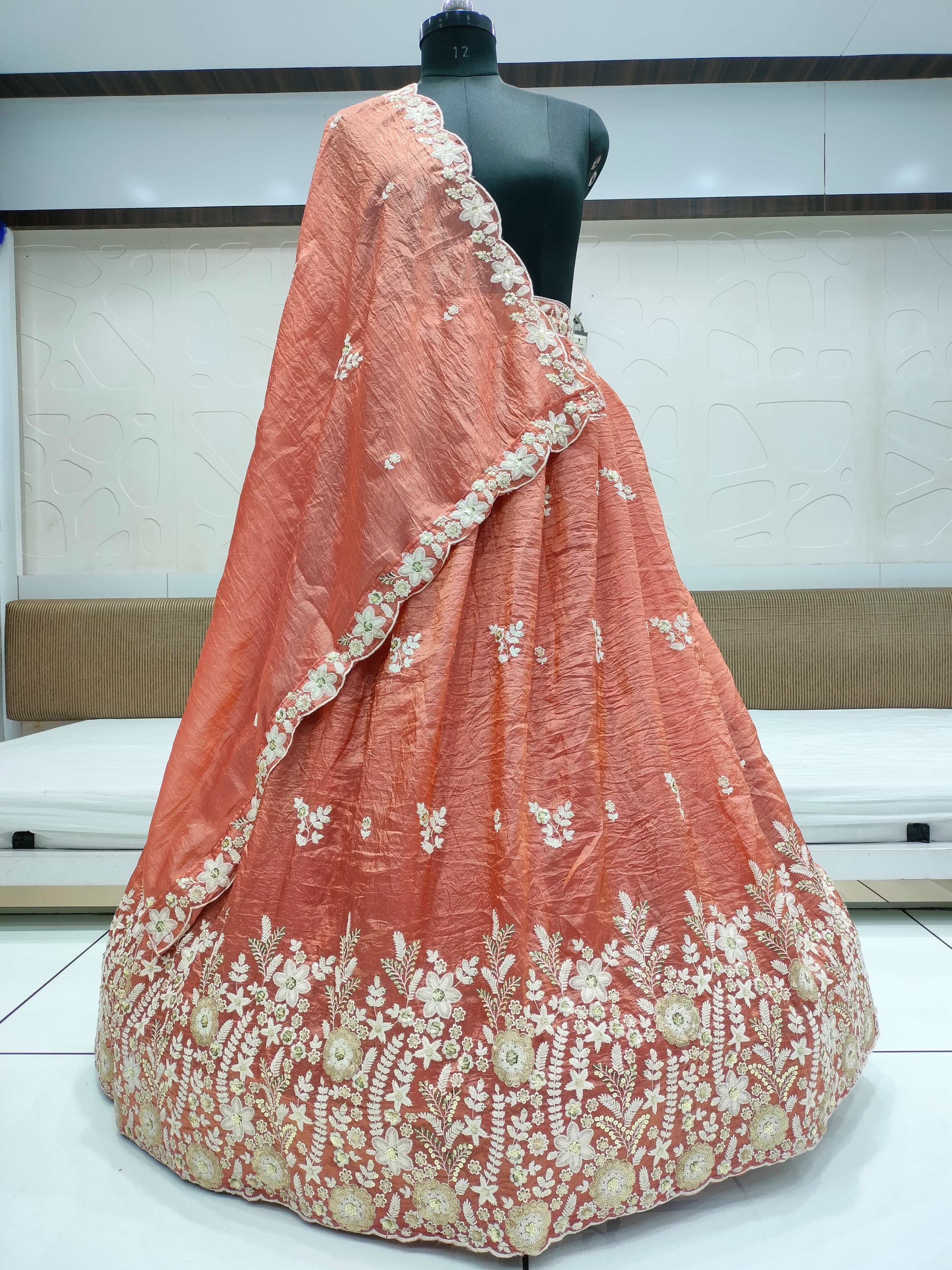 Crush gold fabric lehnga with beautiful embroidery and sequins work & cutwork dupatta