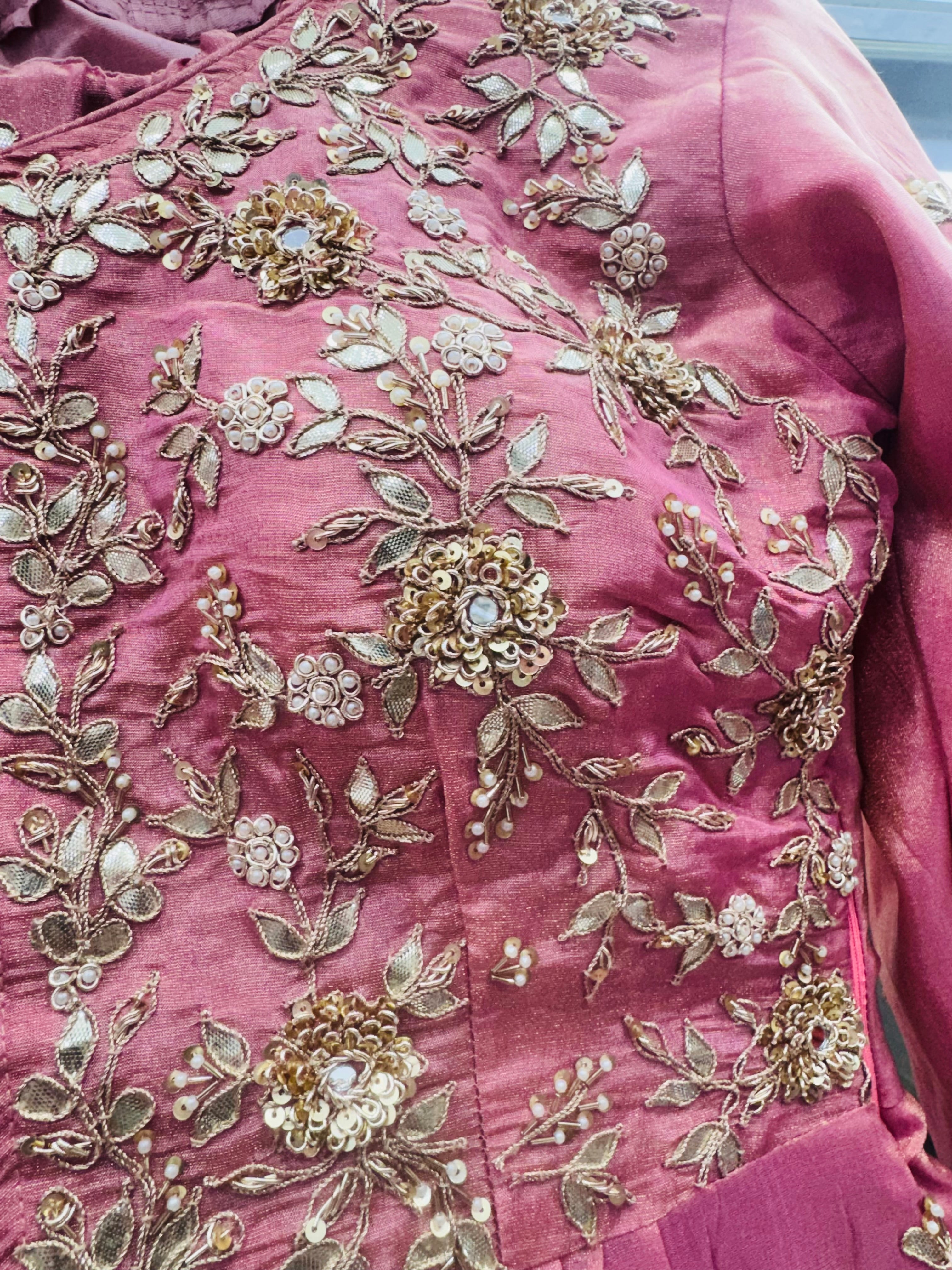 Pure tissue zardosi marodi mirror work lehnga with heavy paplum style stitched blouse and Bandhej dupatta