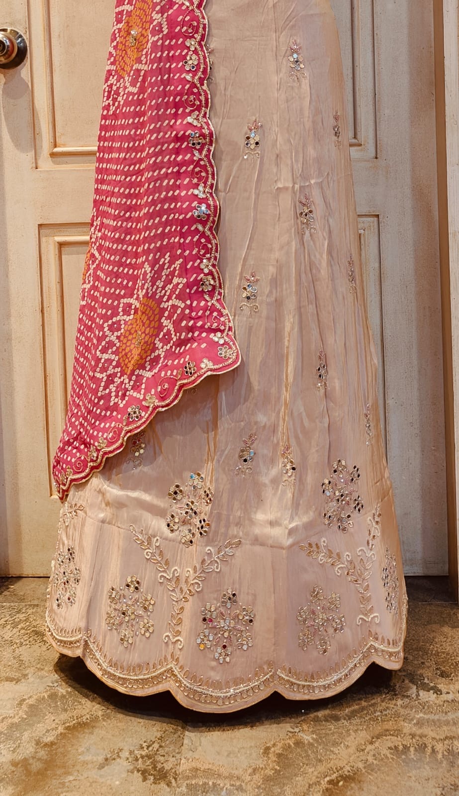 COSMO TISSUE FABRIC LEHNGA WITH BHANDHEJ CONCEPT