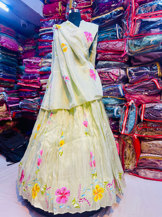Pista green floral handpainted lehnga on tissue fabric