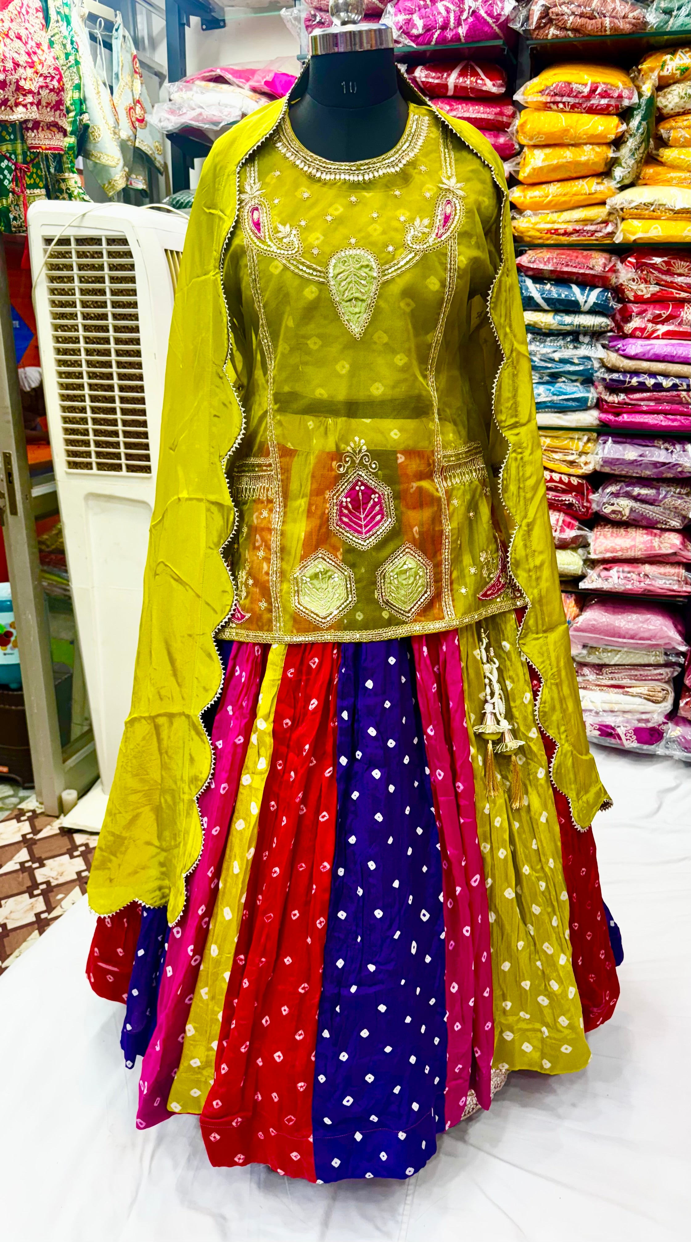 Allia Green handwork Choli with Multicolor Bandhani Silk Lehenga & Dupatta Set