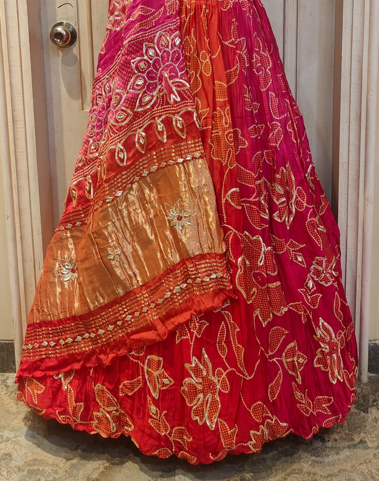 Gajji fabric bandhej tableprint lehnga with kachipatti work