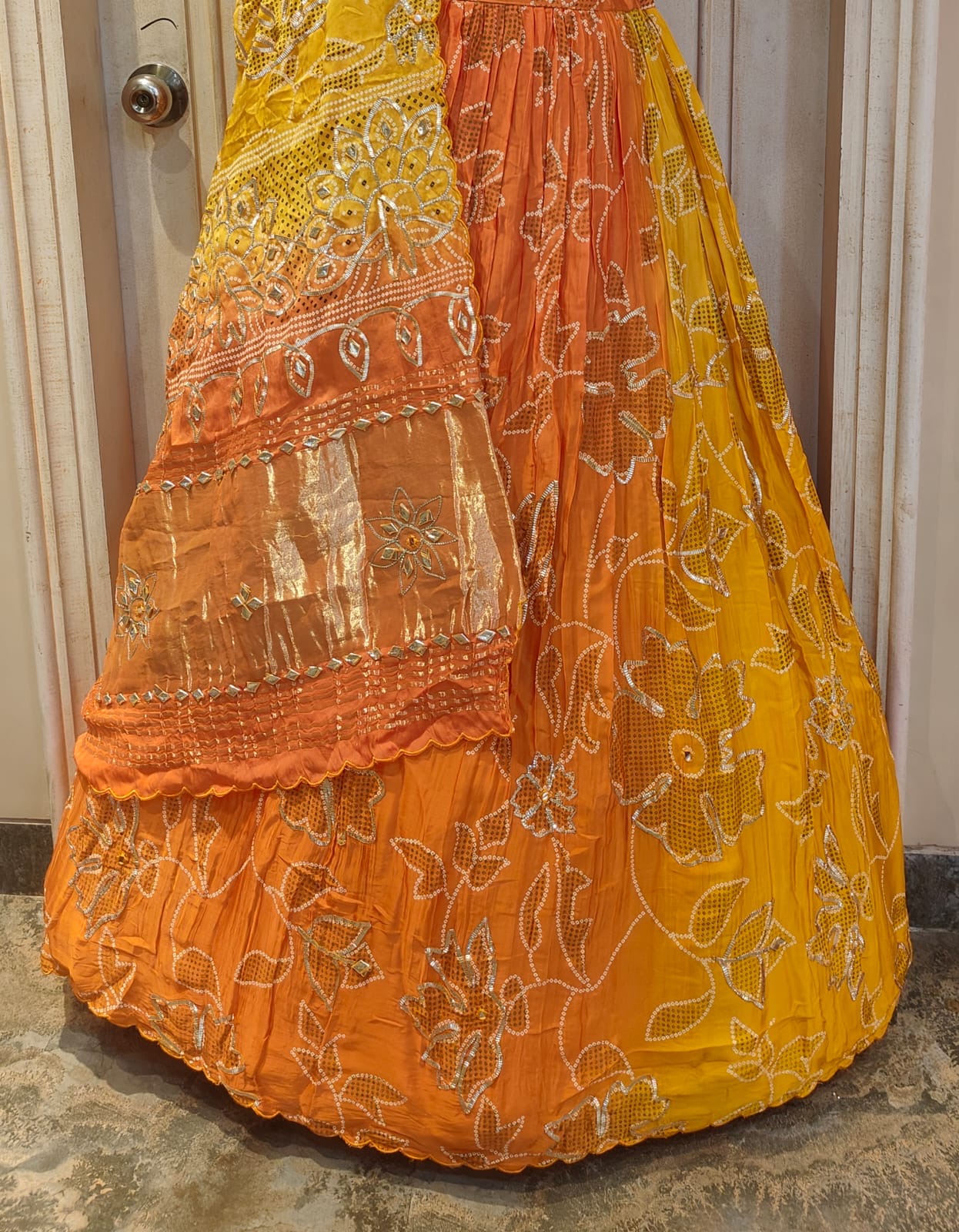 Gajji fabric bandhej tableprint lehnga with kachipatti work