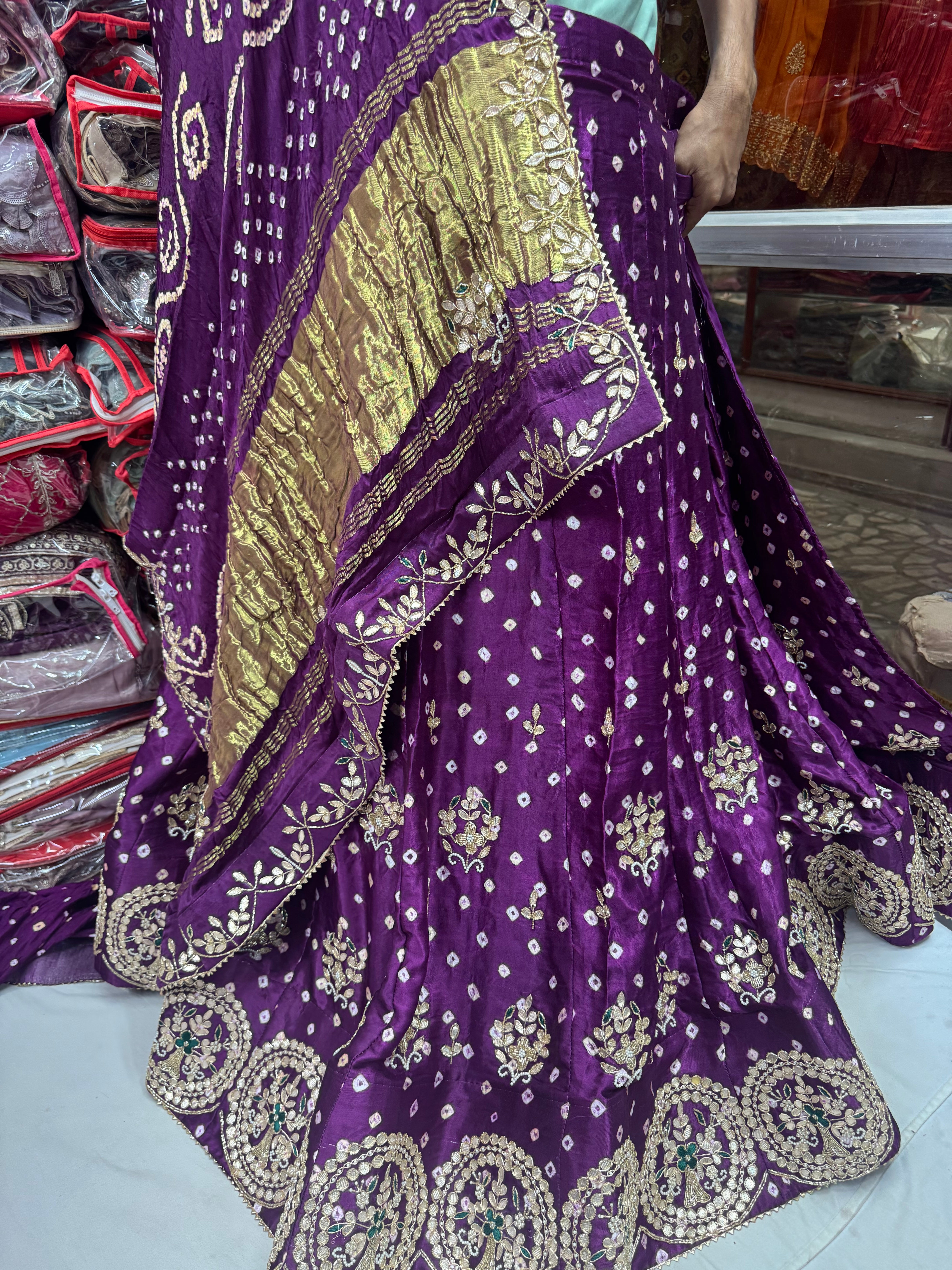 Modal Gajji silk bhandhej lehnga with handwork
