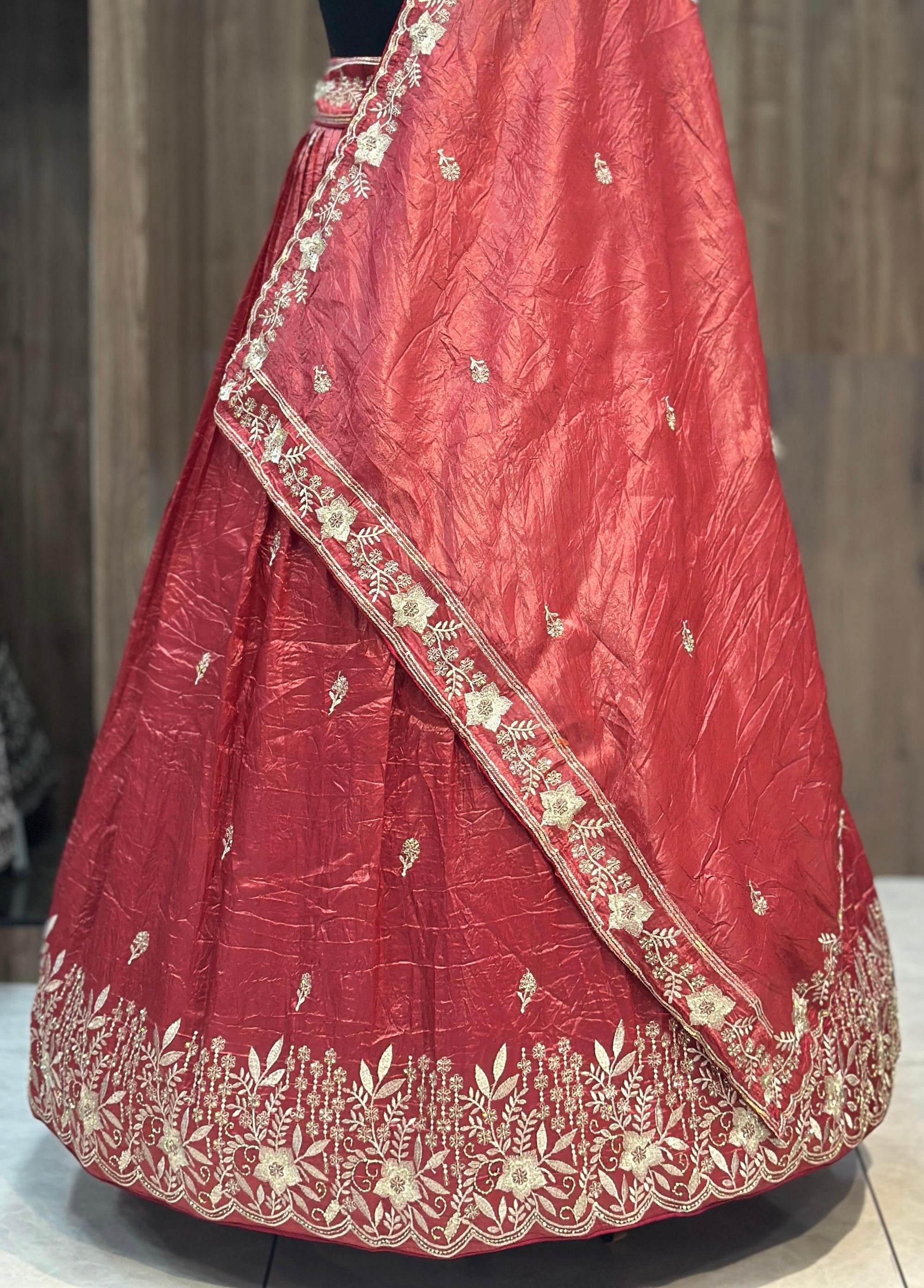 Crush fabric lehnga with sequins and khatli work