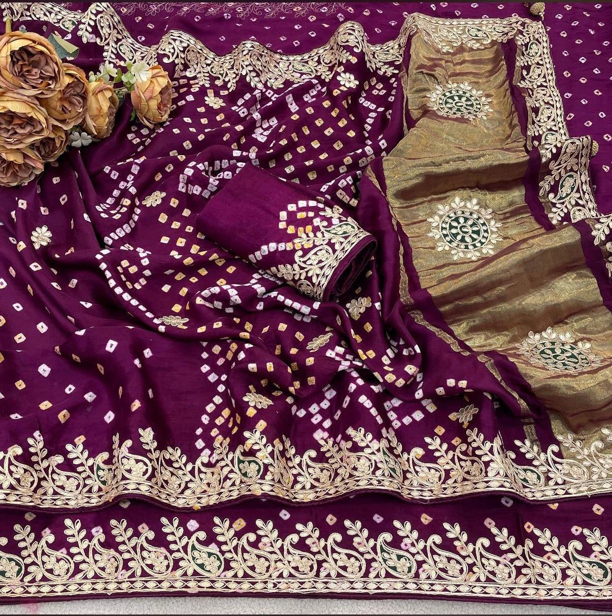 Handbandhej gajji modal saree with gotawork