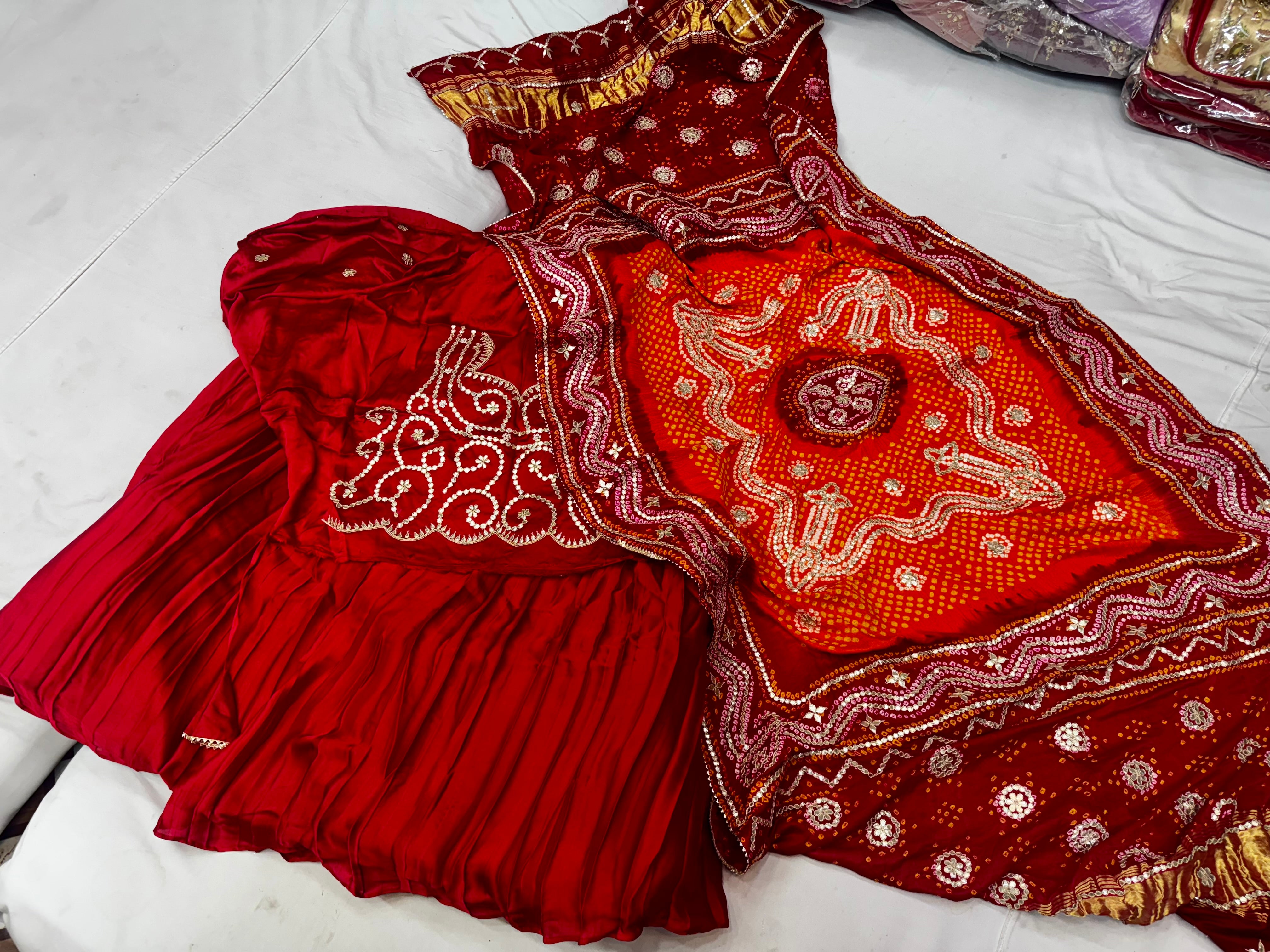 Pure gajji rai Bandhej dupatta with heavy work and plated lehnga