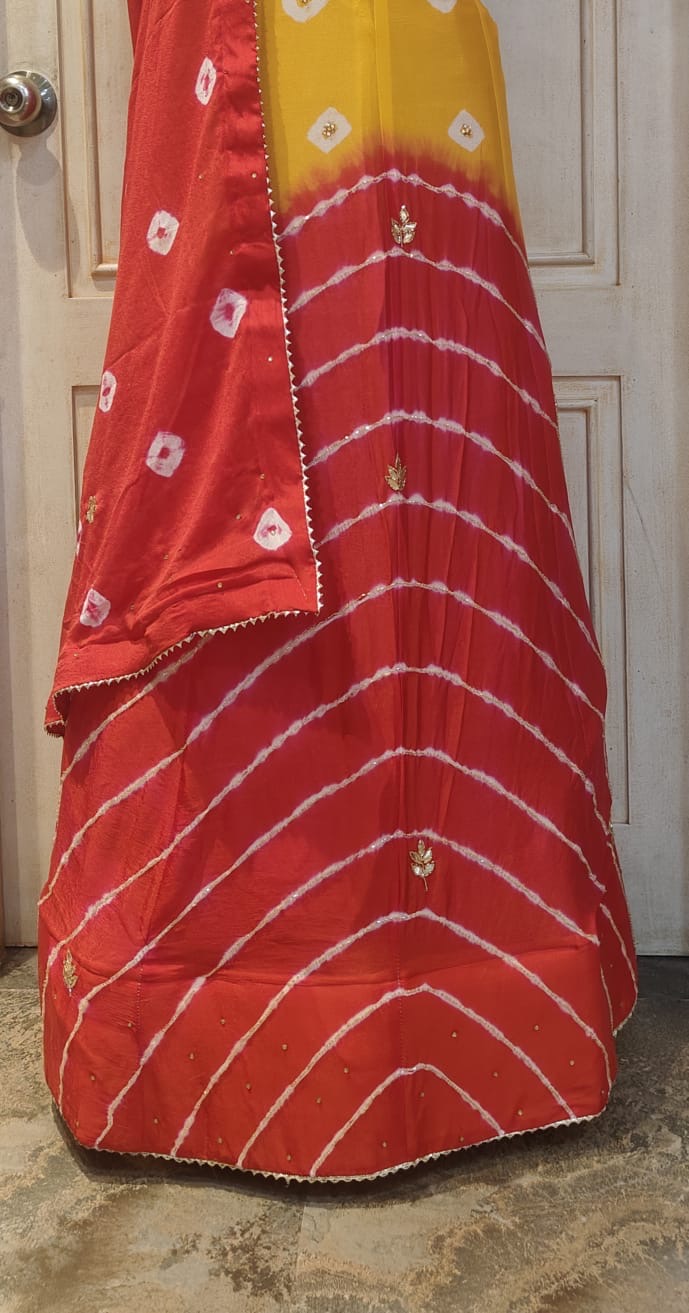Chinon fabric handwork lehnga having bandhej lehriya