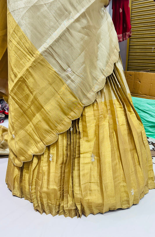 Pure Kanjivaram Tissue lehnga in pleats concept with beautiful zardosi gottapattiwork