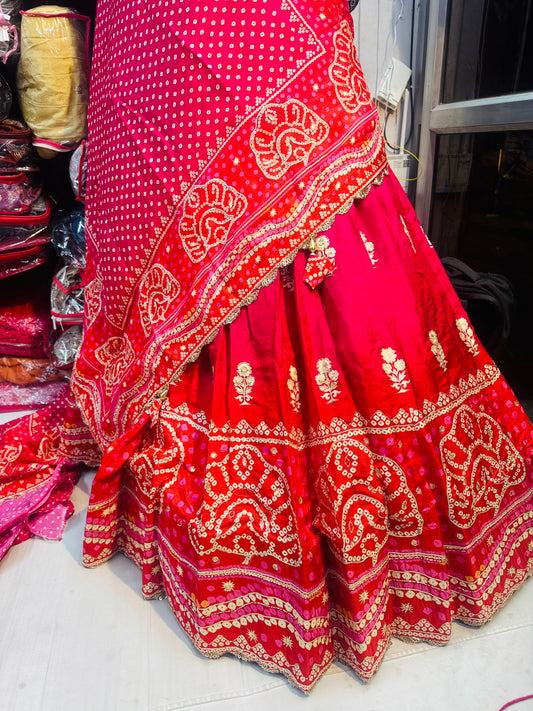 Mayur design bhandhej lehnga on silk fabric