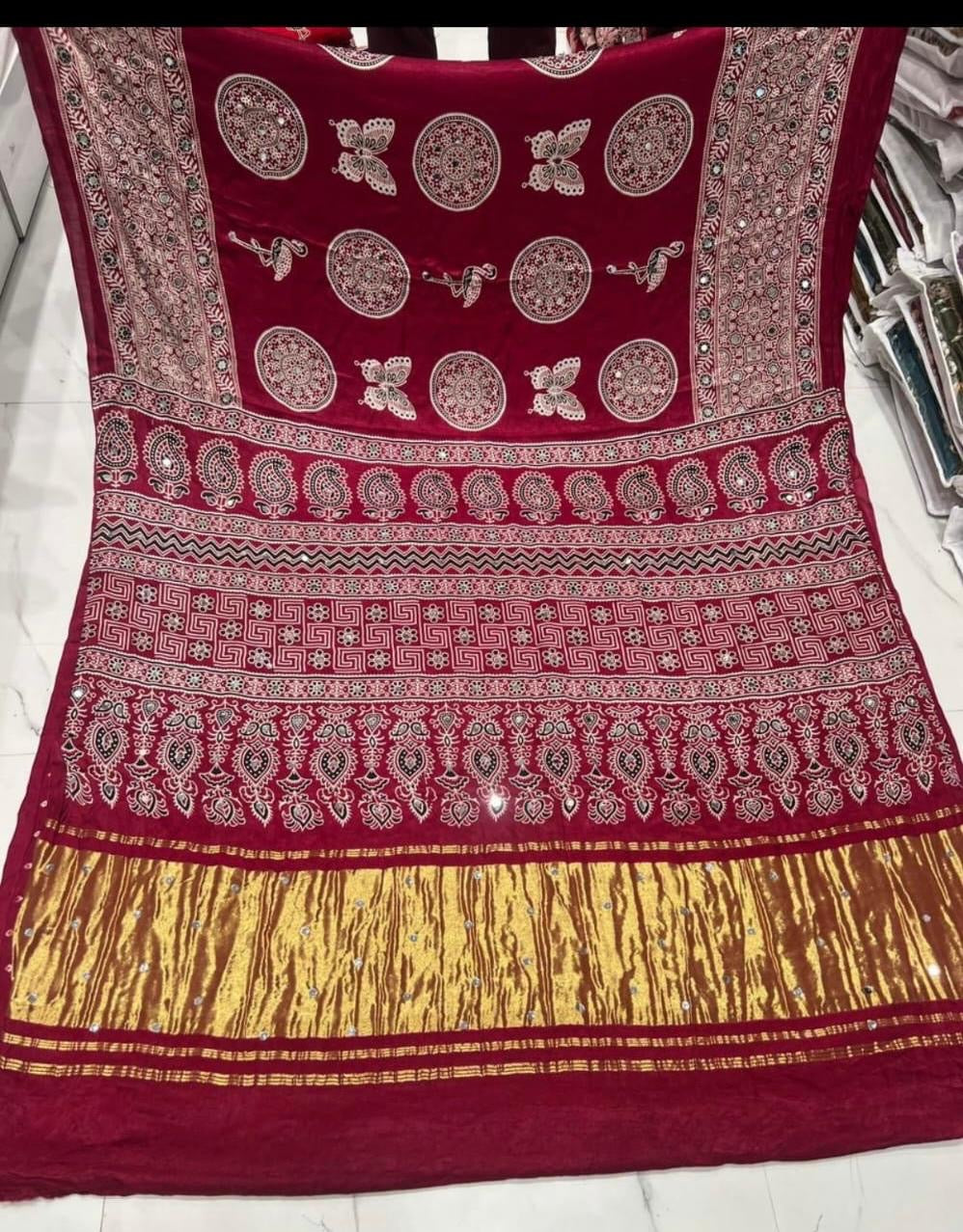 Ajrakh sarees with mirror pasting