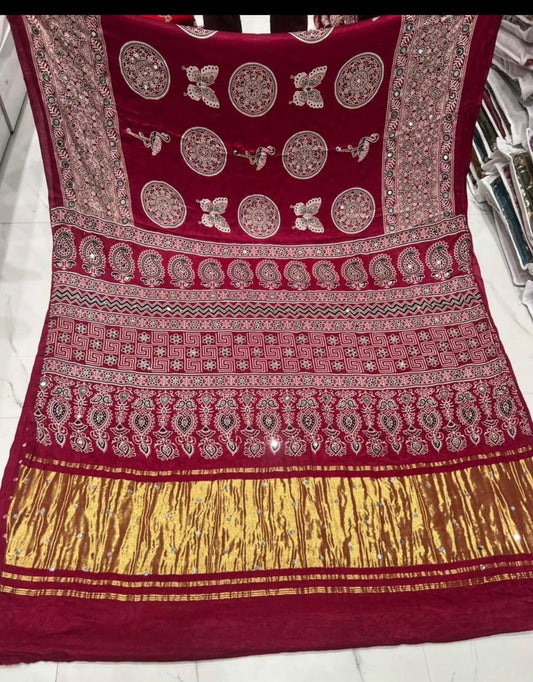 Ajrakh sarees with mirror pasting