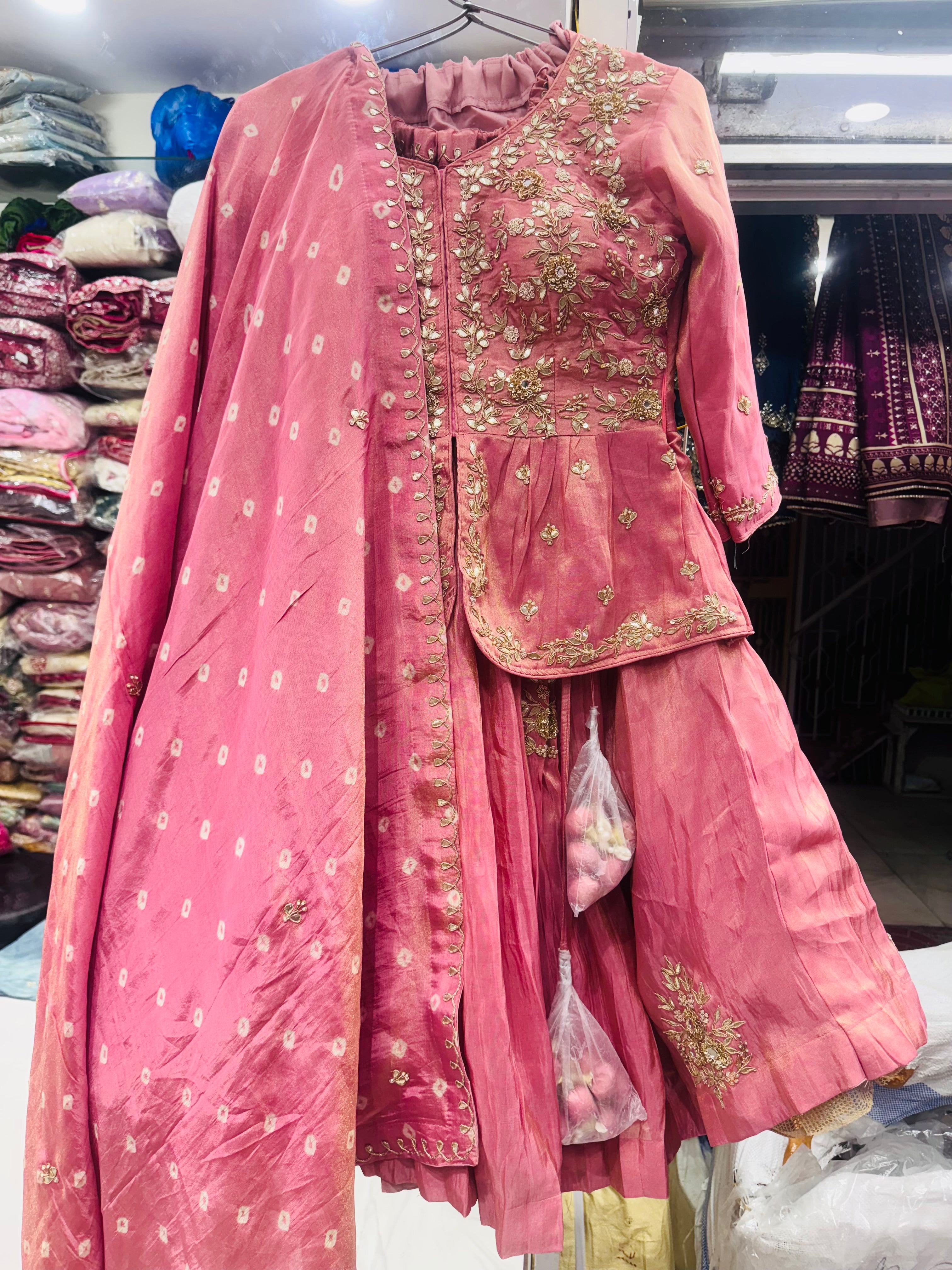 Pure tissue zardosi marodi mirror work lehnga with heavy paplum style stitched blouse and Bandhej dupatta