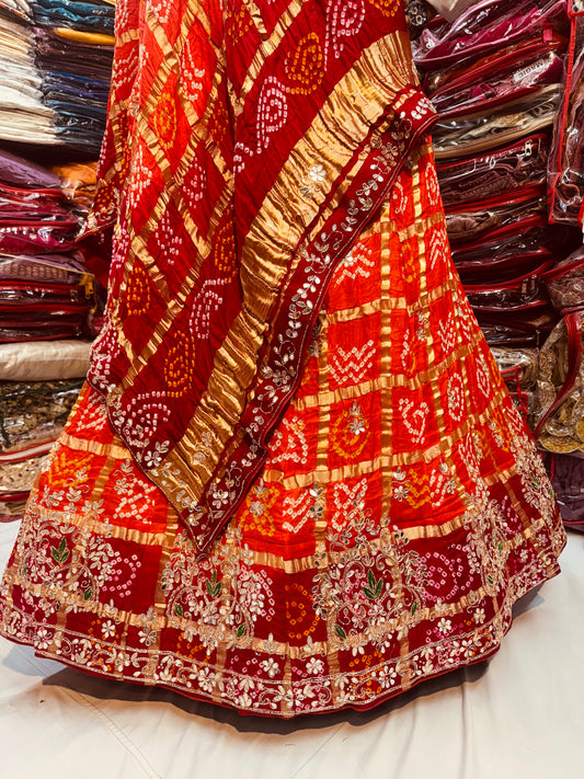 Pure gajjisilk ghadchola red orange color lehnga