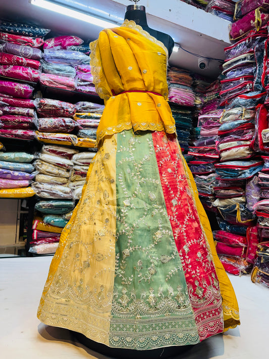 Multi colored Pitta work lehnga on tissue fabric
