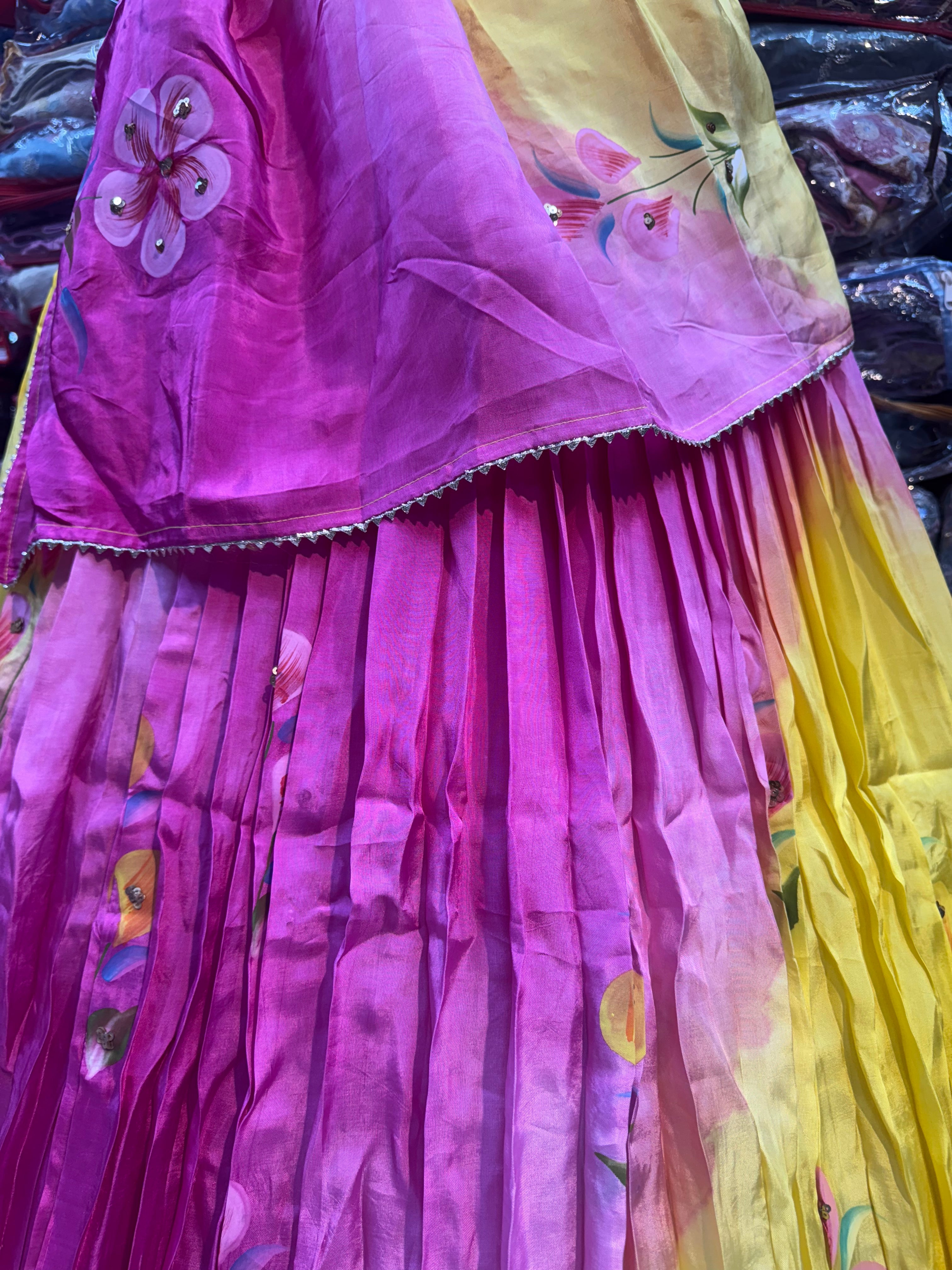 Yellow Rani floral handpainted lehnga on pure upada silk