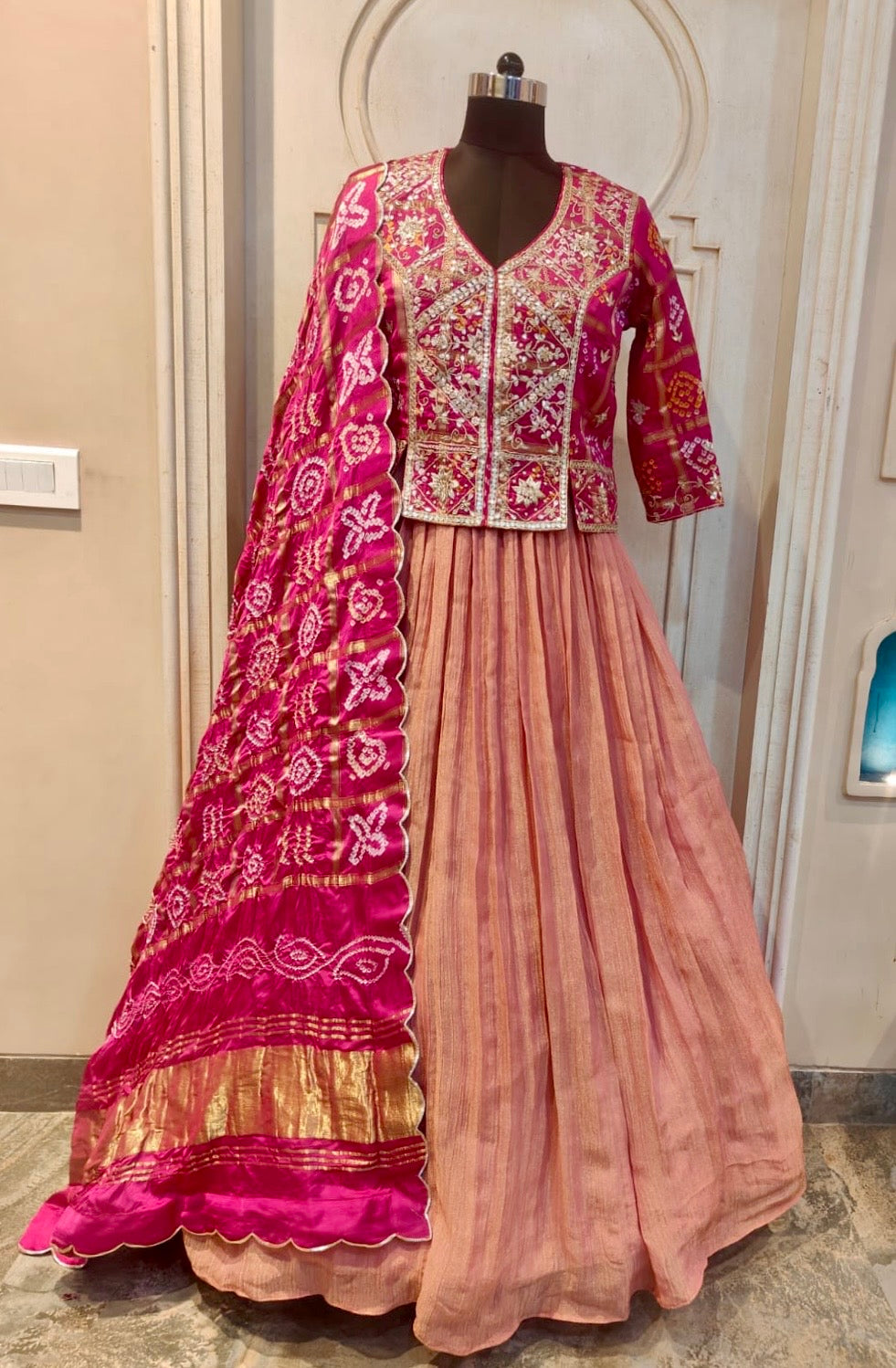 Pure modal jacket and lehnga set with zardosi and marodi work