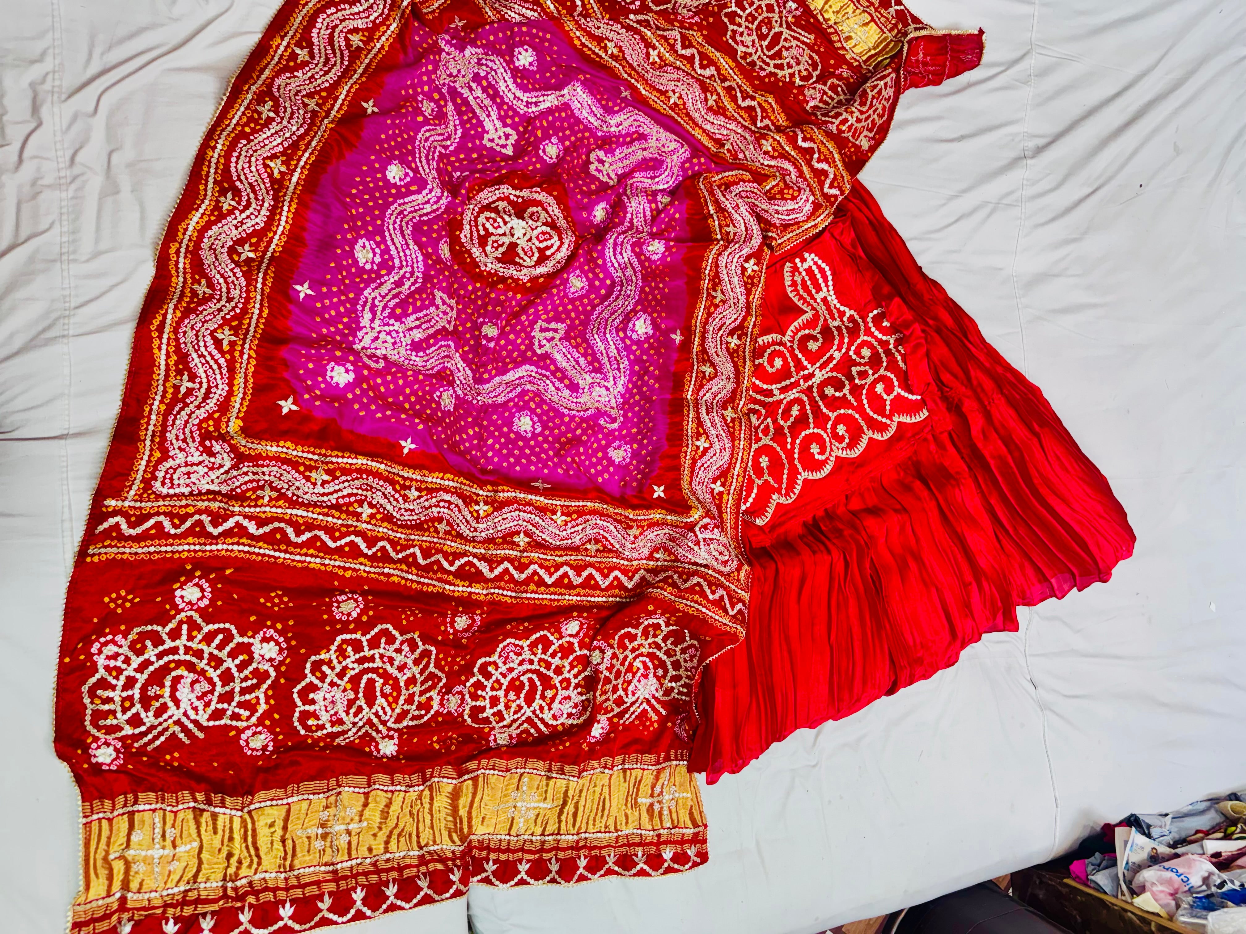 Pure gajji rai Bandhej dupatta with heavy work and plated lehnga