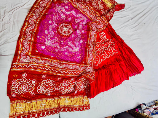 Pure gajji rai Bandhej dupatta with heavy work and plated lehnga