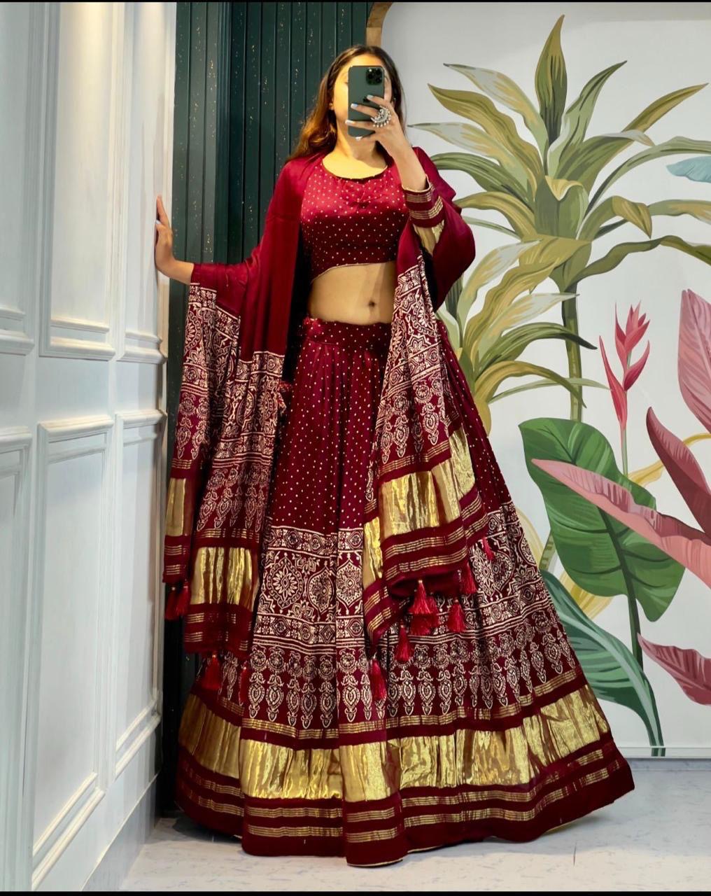 Gajji silk Ajrakh lehnga