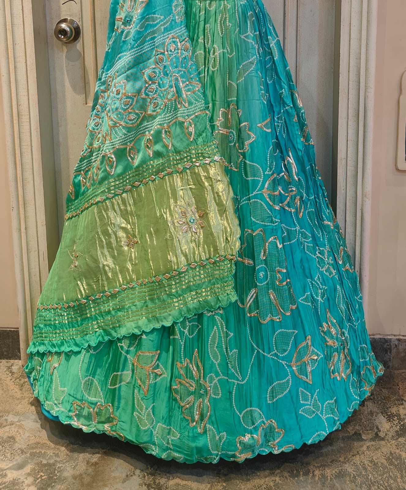 Gajji fabric bandhej tableprint lehnga with kachipatti work