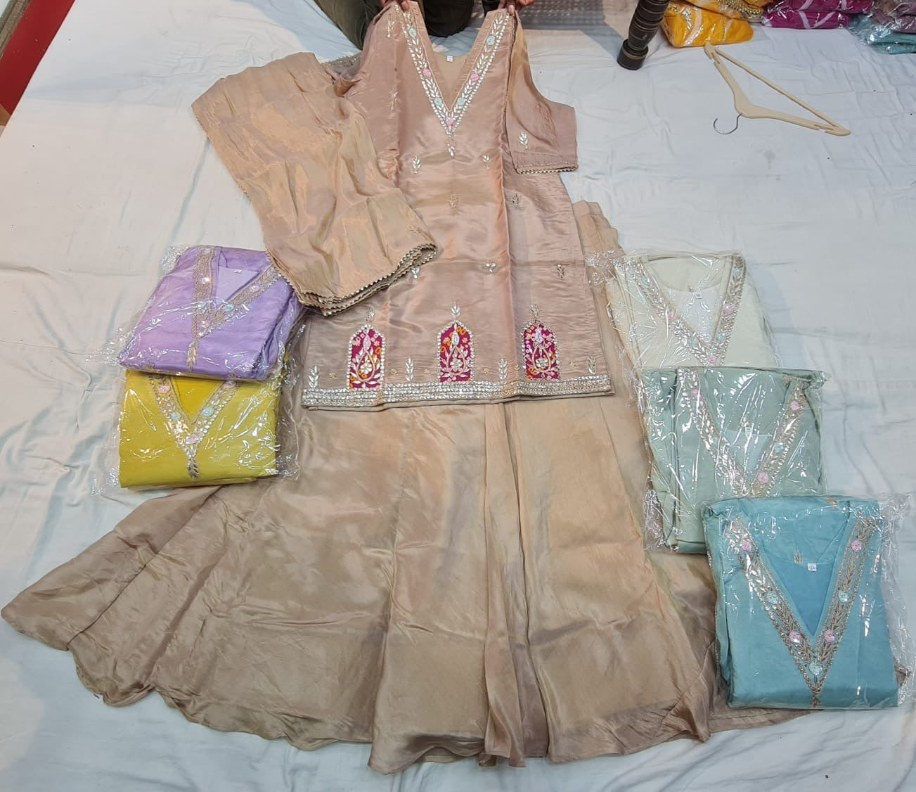 Kurti style tissue lehnga set with patch work of bandhej and zardosi marodi handwork of gotapatti