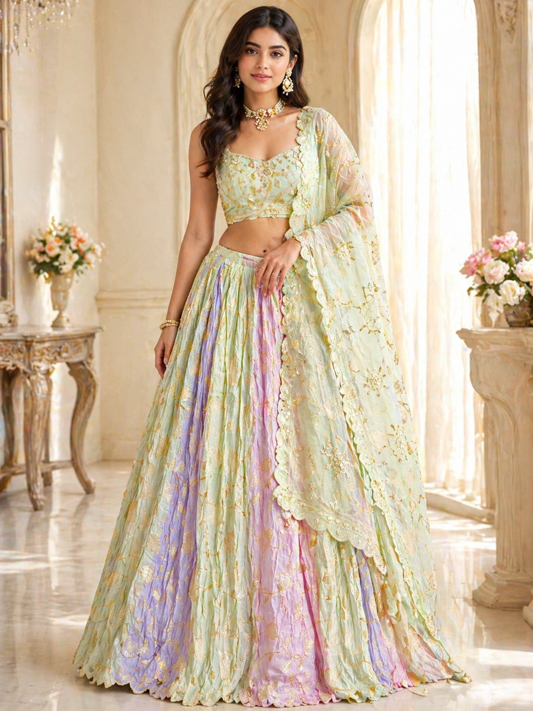 Multi colored lehnga on pure upada silk with weaving and kachipatti work