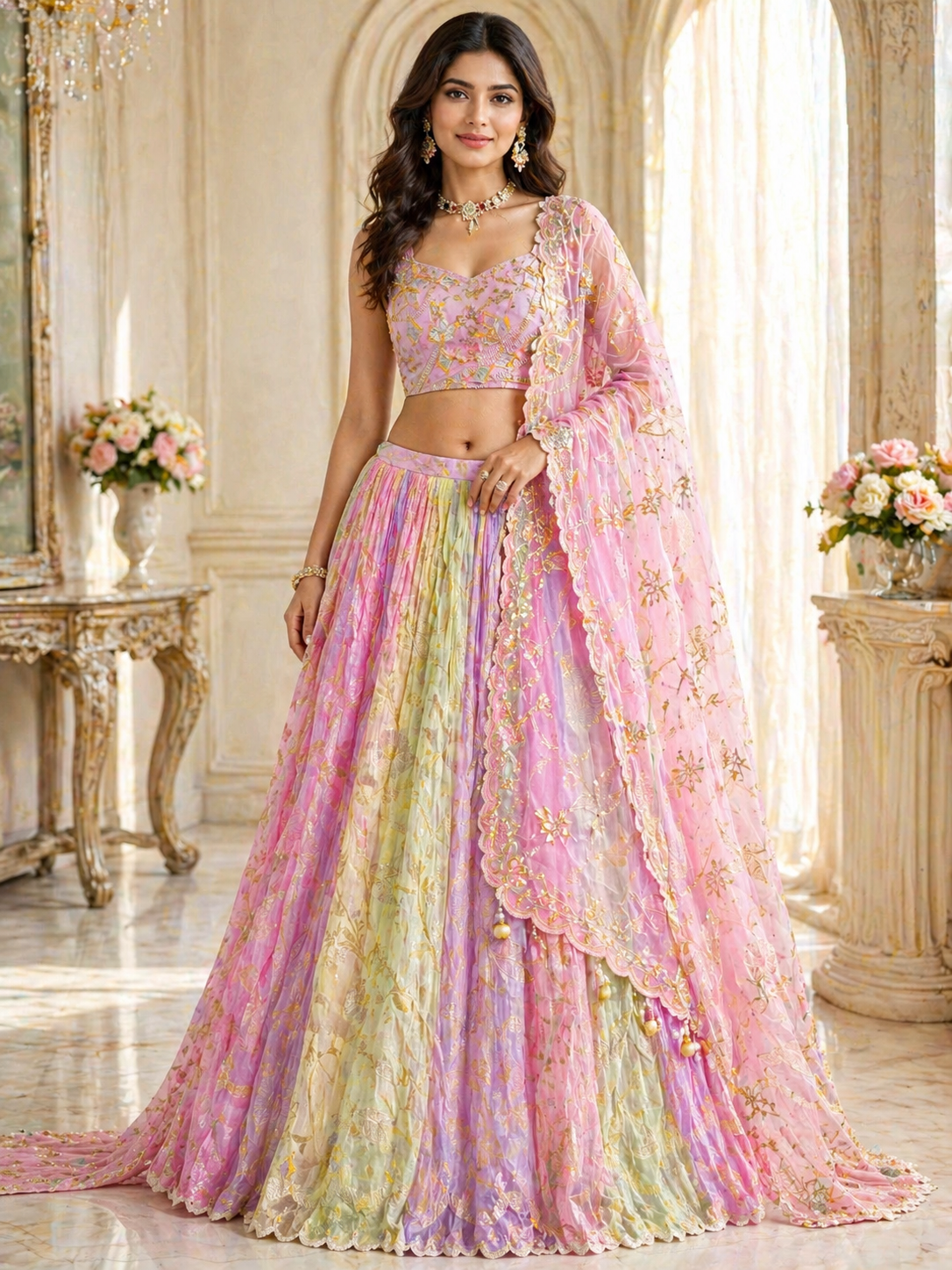 Multi colored lehnga on pure upada silk with weaving and kachipatti work